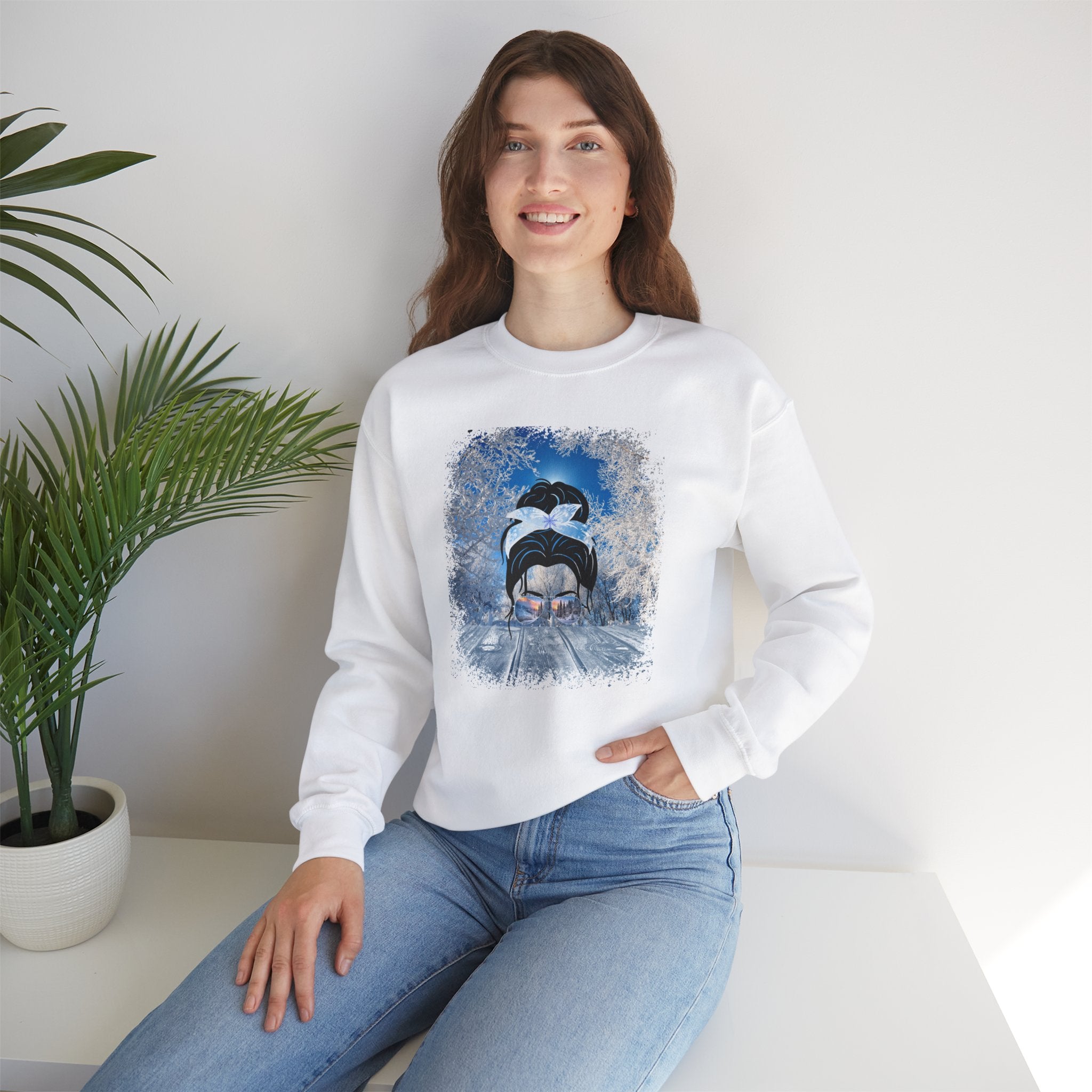 Winter Porch, Dark Hair Messy Bun, Unisex Heavy Blend™ Crewneck Sweatshirt