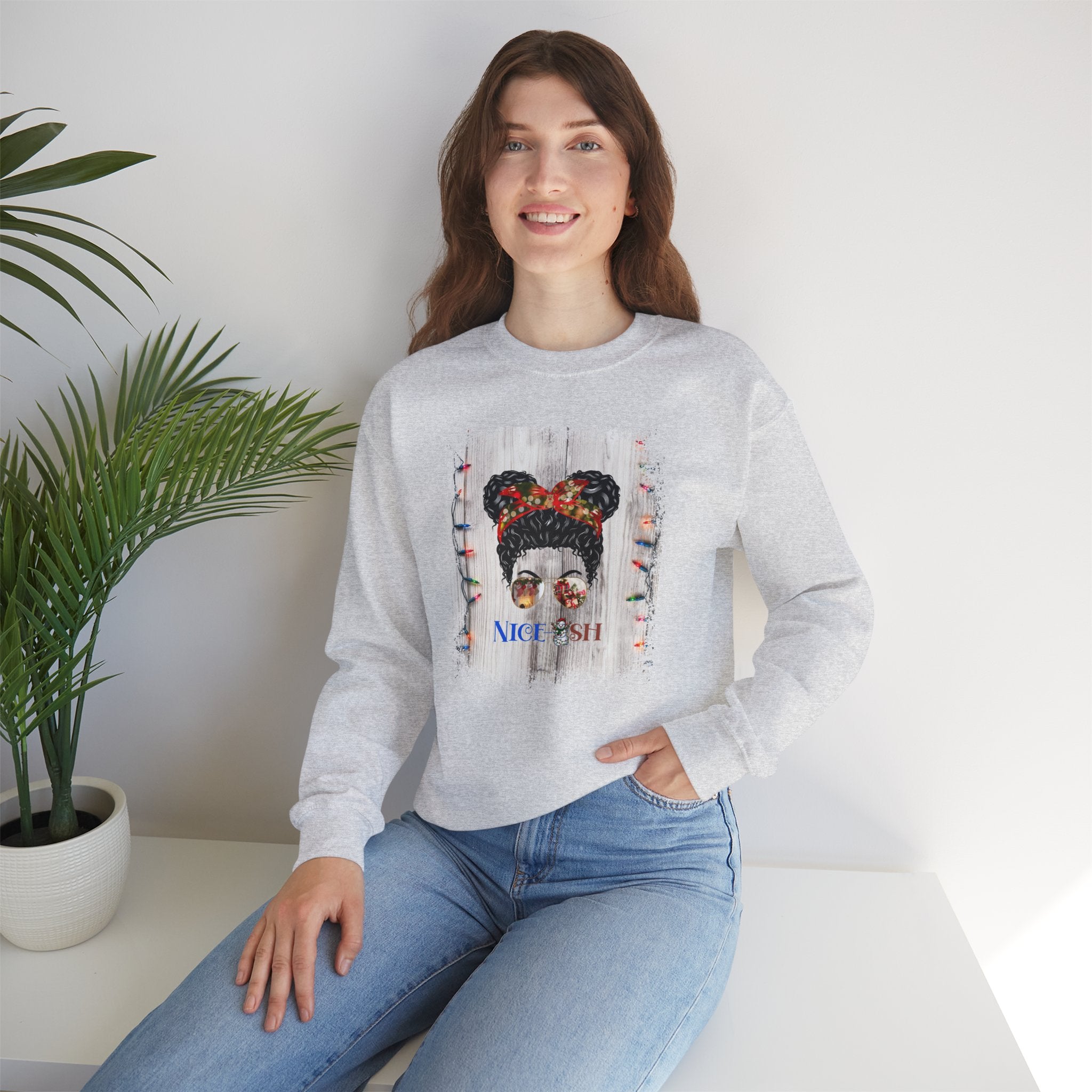 Nice-ish Christmas String Lights, Black Hair Messy Bun, Unisex Heavy Blend™ Crewneck Sweatshirt