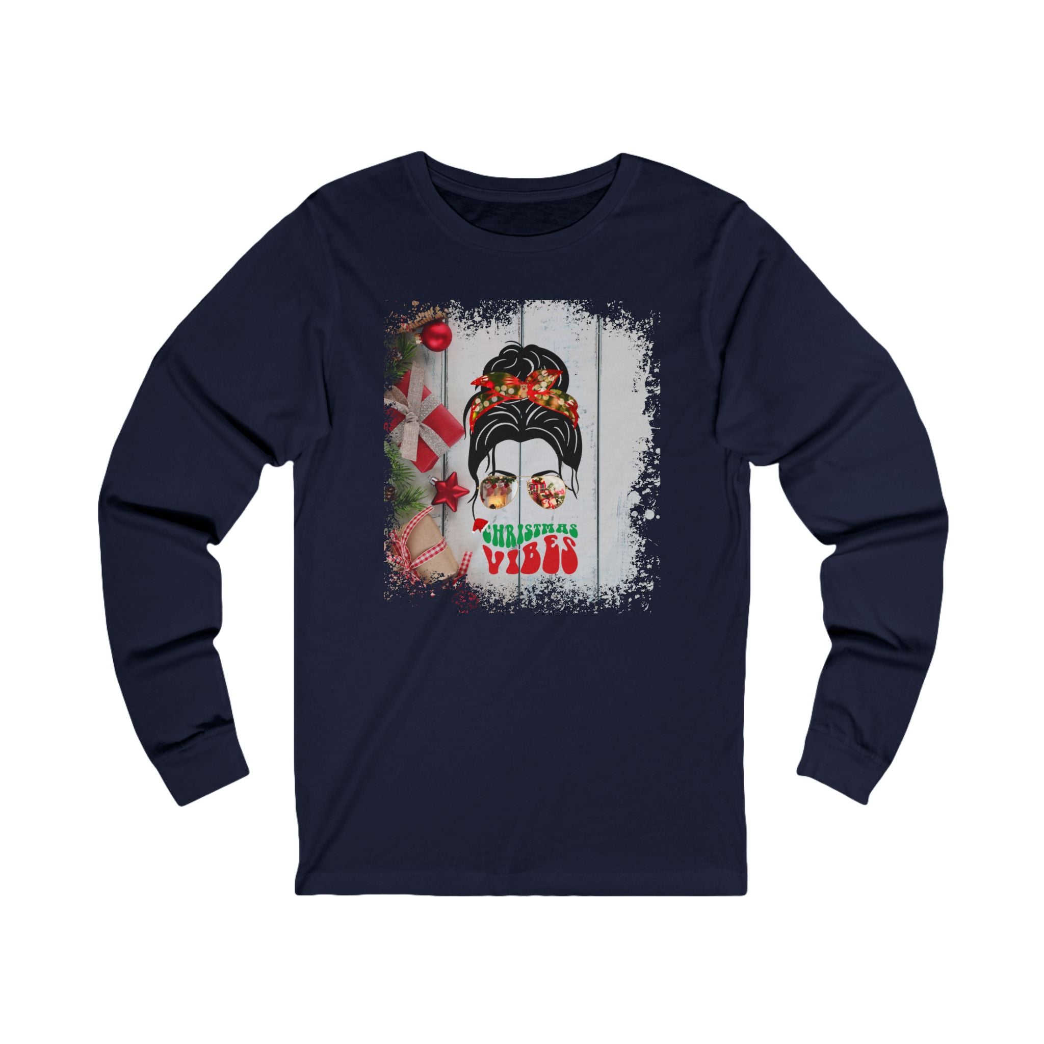 Christmas Vibes Christmas Presents, Dark Hair Messy Bun, Unisex Jersey Long Sleeve Tee