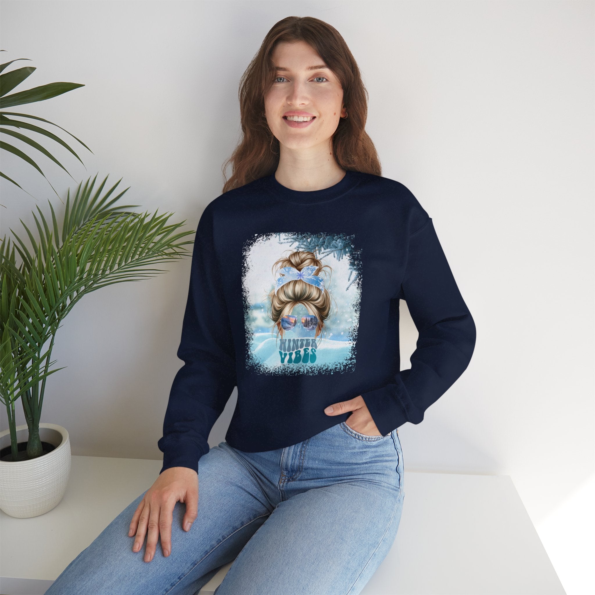 Winter Vibes Snow, Blond Hair Messy Bun, Unisex Heavy Blend™ Crewneck Sweatshirt