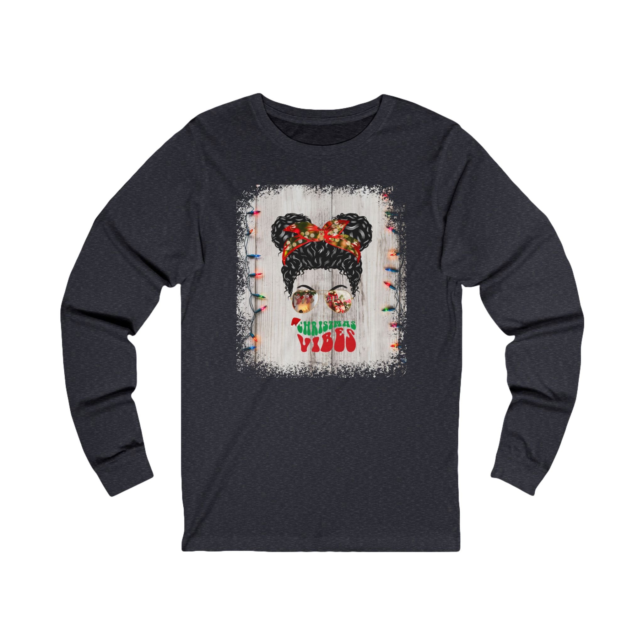 Christmas Vibes Christmas Lights String, Black Hair Messy Bun, Unisex Jersey Long Sleeve Tee