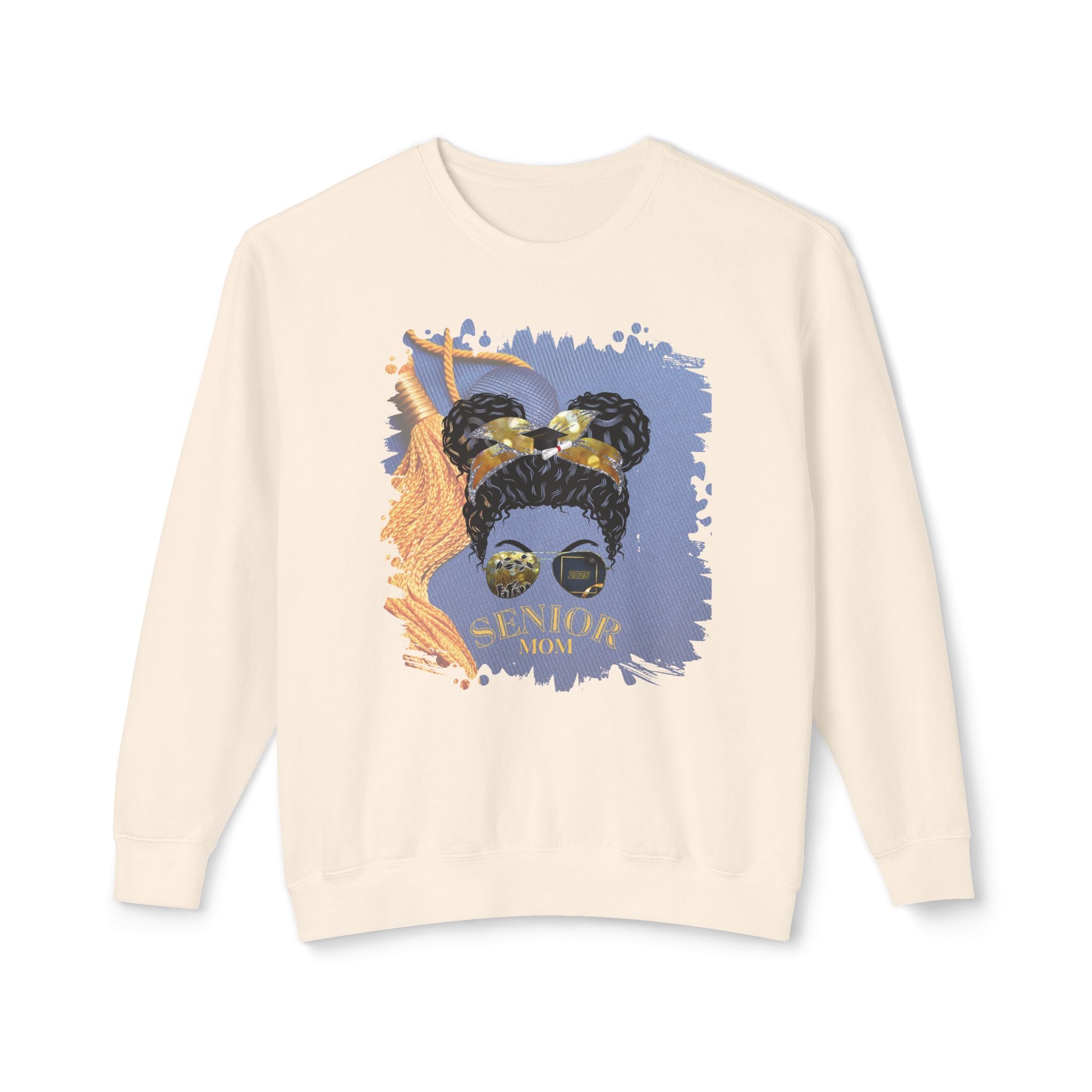 Senior Mom, Graduation Cap, Black Hair Messy Bun, Unisex Lightweight Crewneck Sweatshirt
