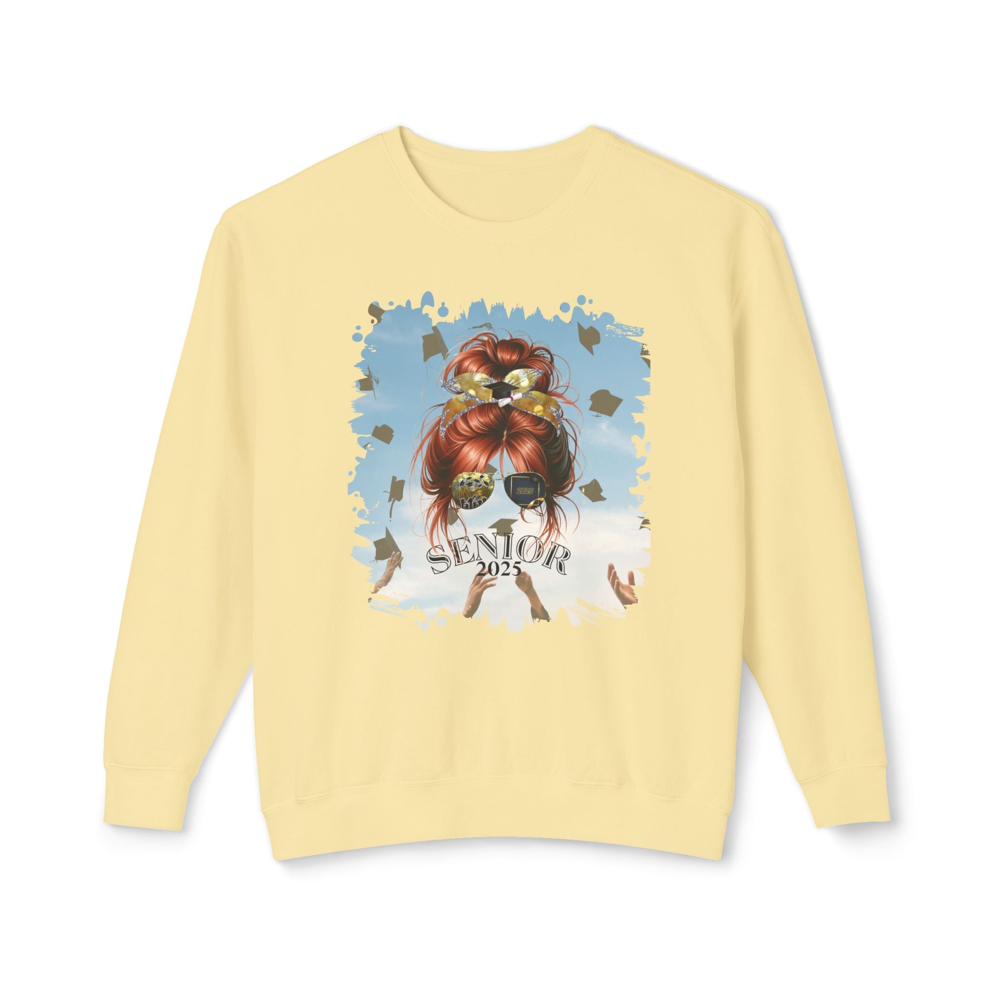 Senior 2025, Celebration, Red Hair Messy Bun, Unisex Lightweight Crewneck Sweatshirt