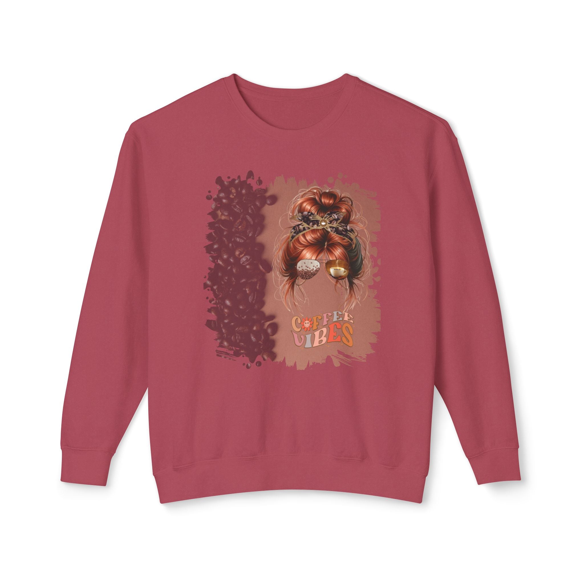 Coffee Vibes, Coffee Beans Shade, Red Hair Messy Bun, Unisex Lightweight Crewneck Sweatshirt