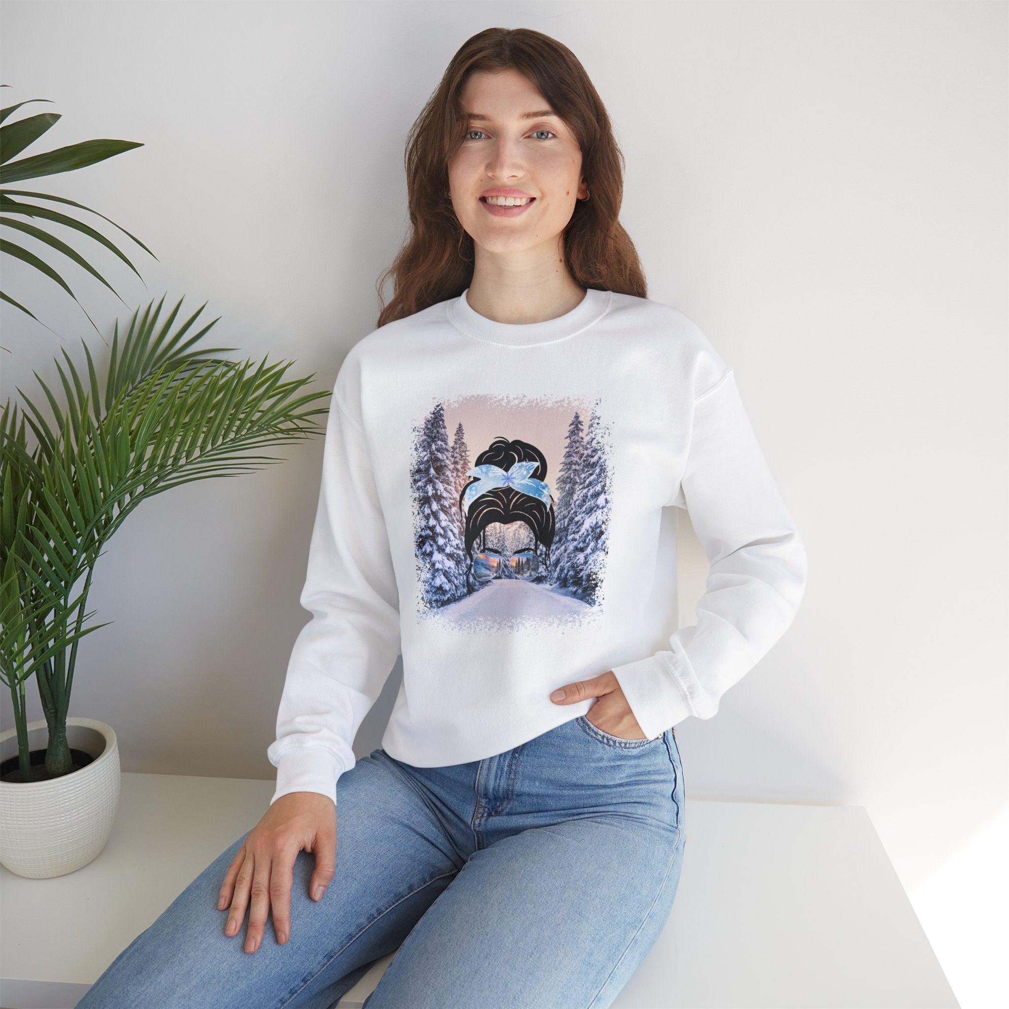 Winter Trail, Dark Hair Messy Bun, Unisex Heavy Blend™ Crewneck Sweatshirt