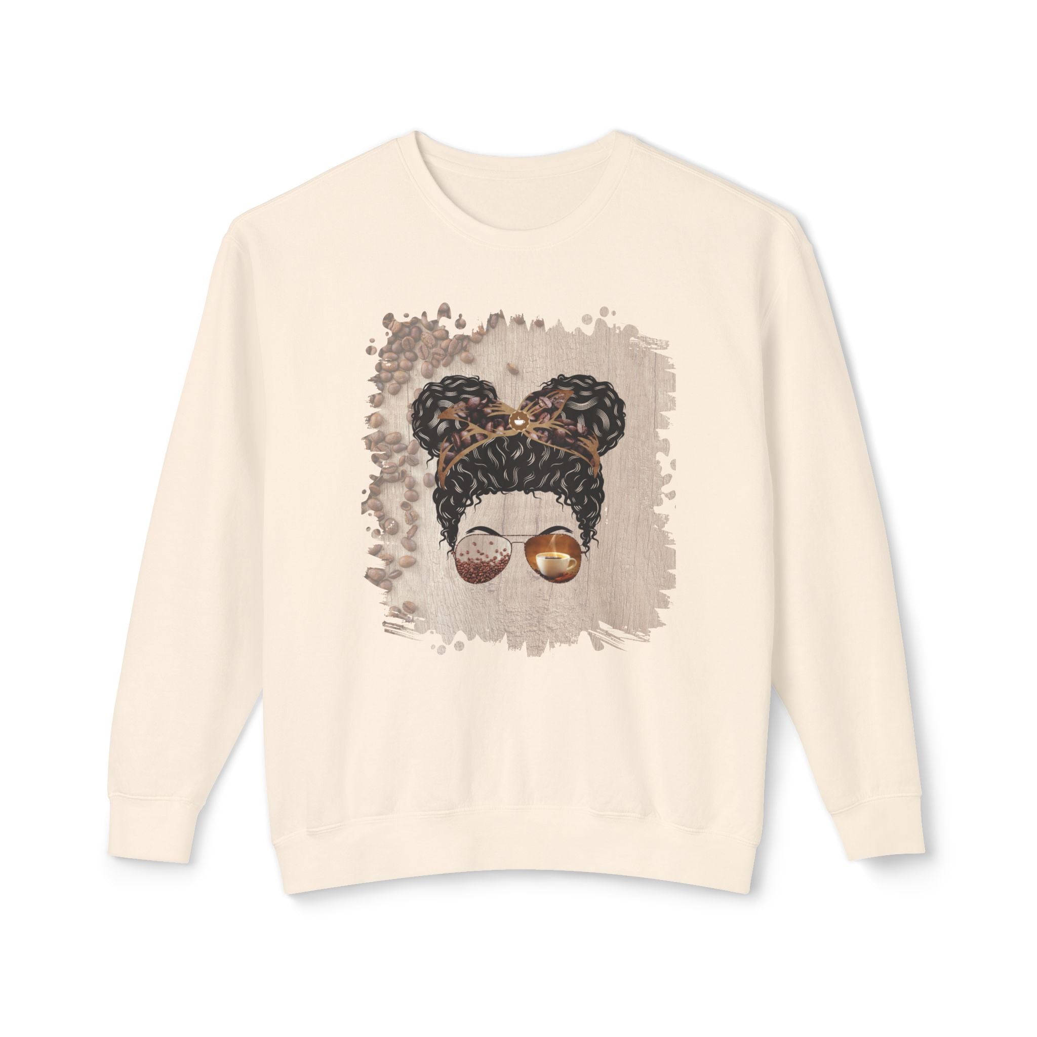 Coffee Beans Table, Black Hair Messy Bun, Unisex Lightweight Crewneck Sweatshirt