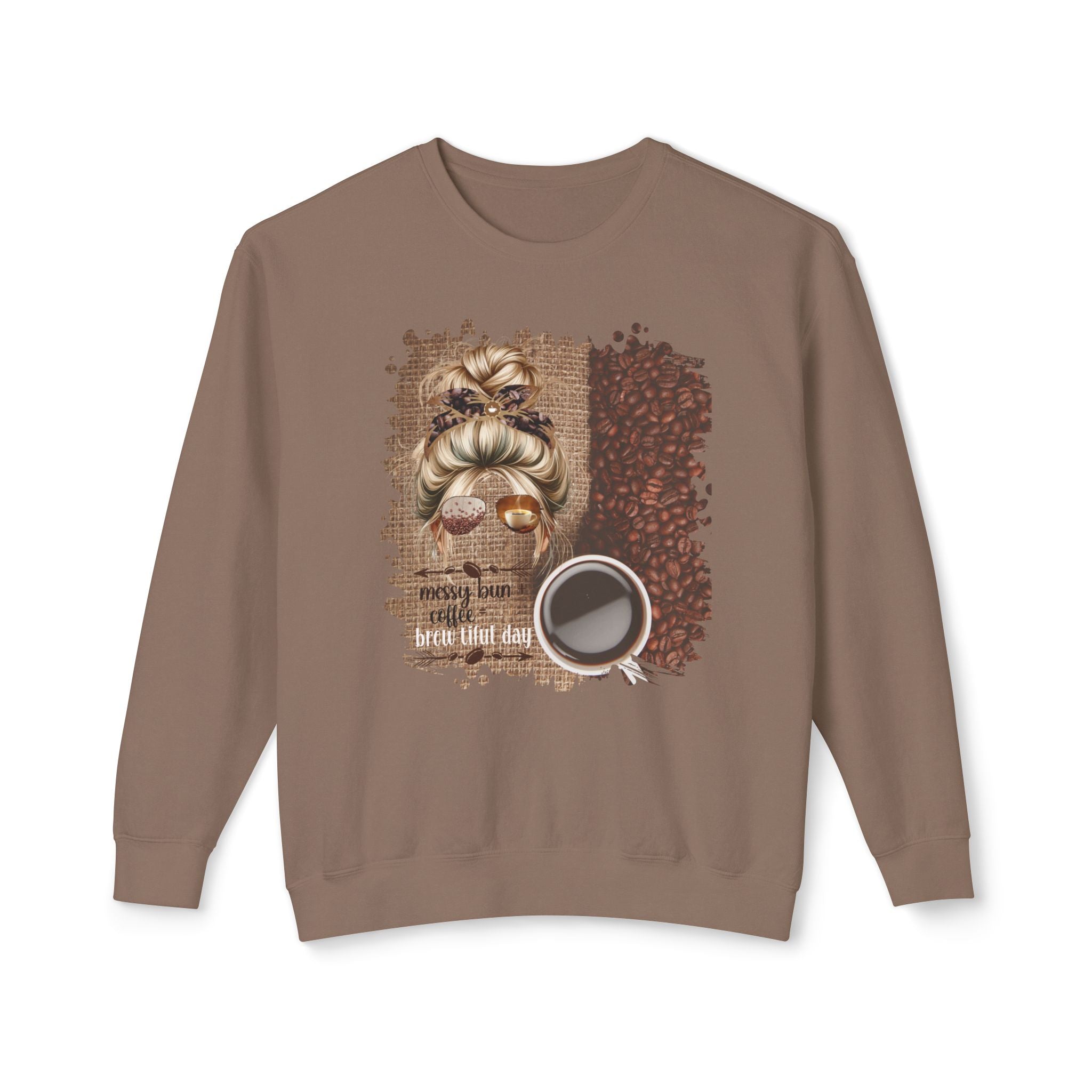 Messy Bun plus Coffee, Coffee Beans Bag, Blond Hair Messy Bun, Unisex Lightweight Crewneck Sweatshirt