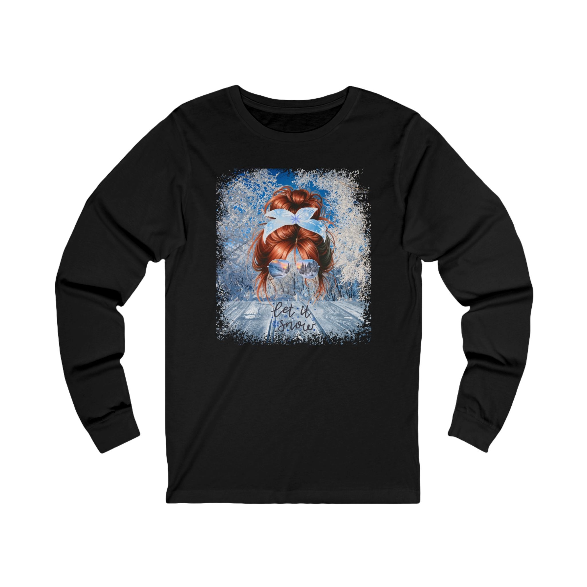 Let it Snow Winter Sunny Porch, Red Hair Messy Bun, Unisex Jersey Long Sleeve Tee