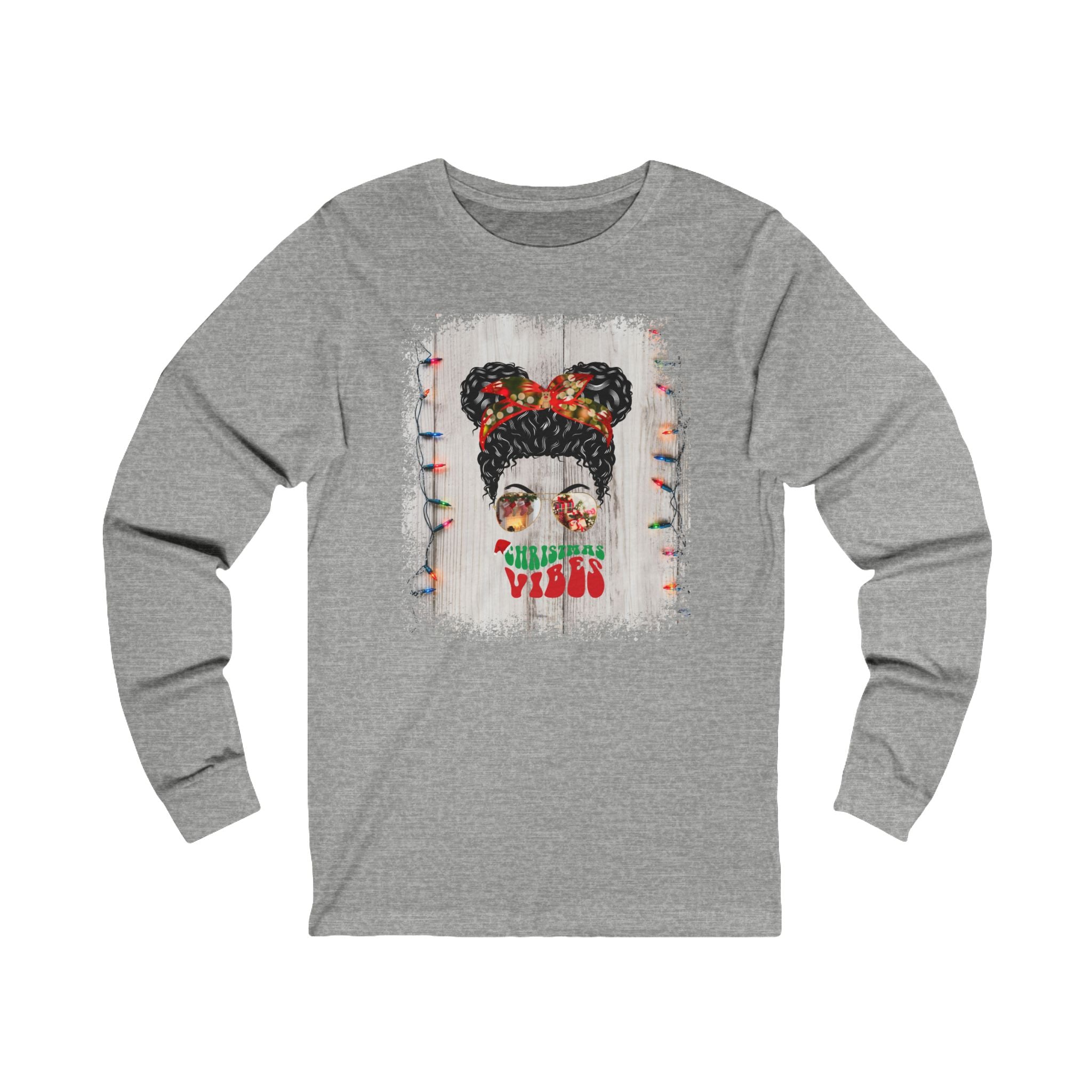 Christmas Vibes Christmas Lights String, Black Hair Messy Bun, Unisex Jersey Long Sleeve Tee