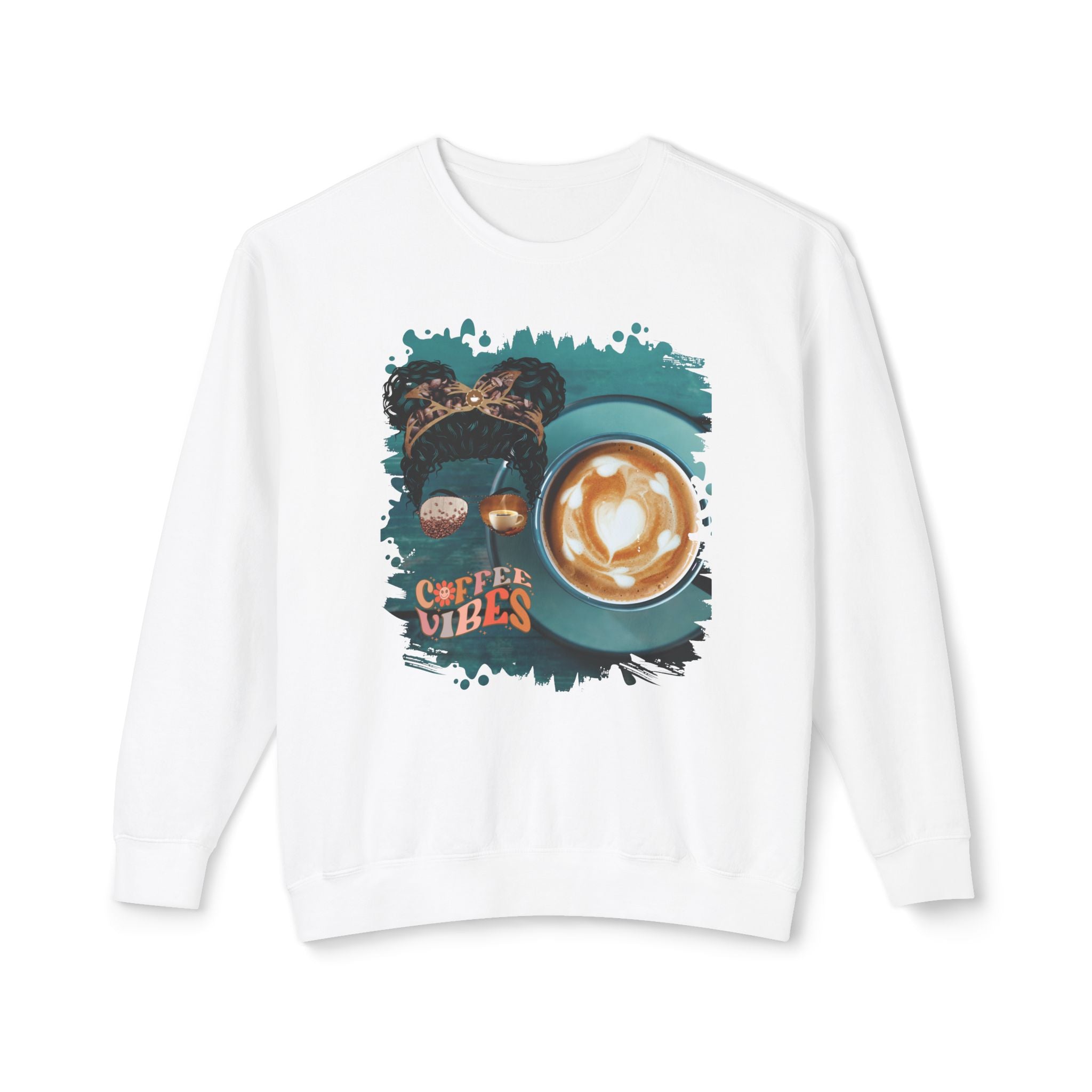 Coffee Vibes, Coffee Cup, Black Hair Messy Bun, Unisex Lightweight Crewneck Sweatshirt