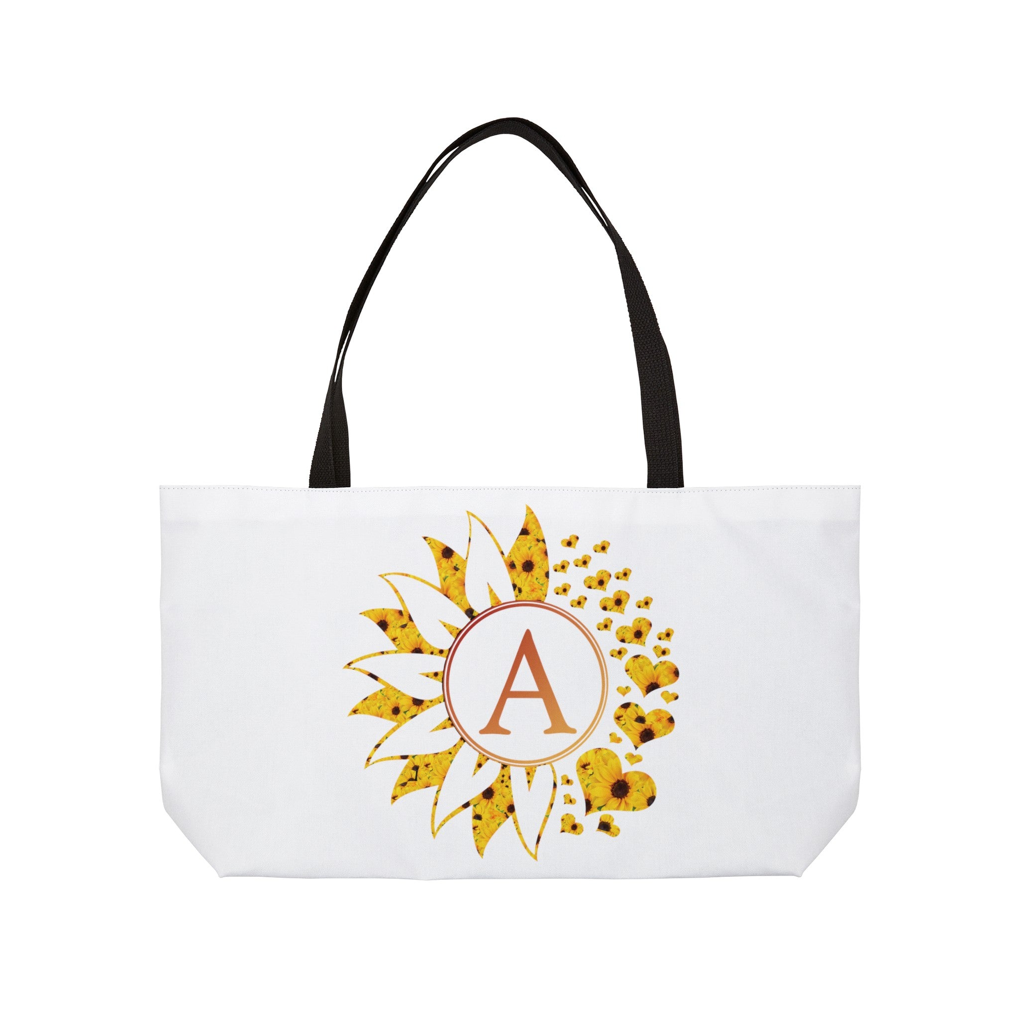 Flower & Hearts Personalized Monogram Weekender Tote Bag, Sunflower & Sunflower Hearts