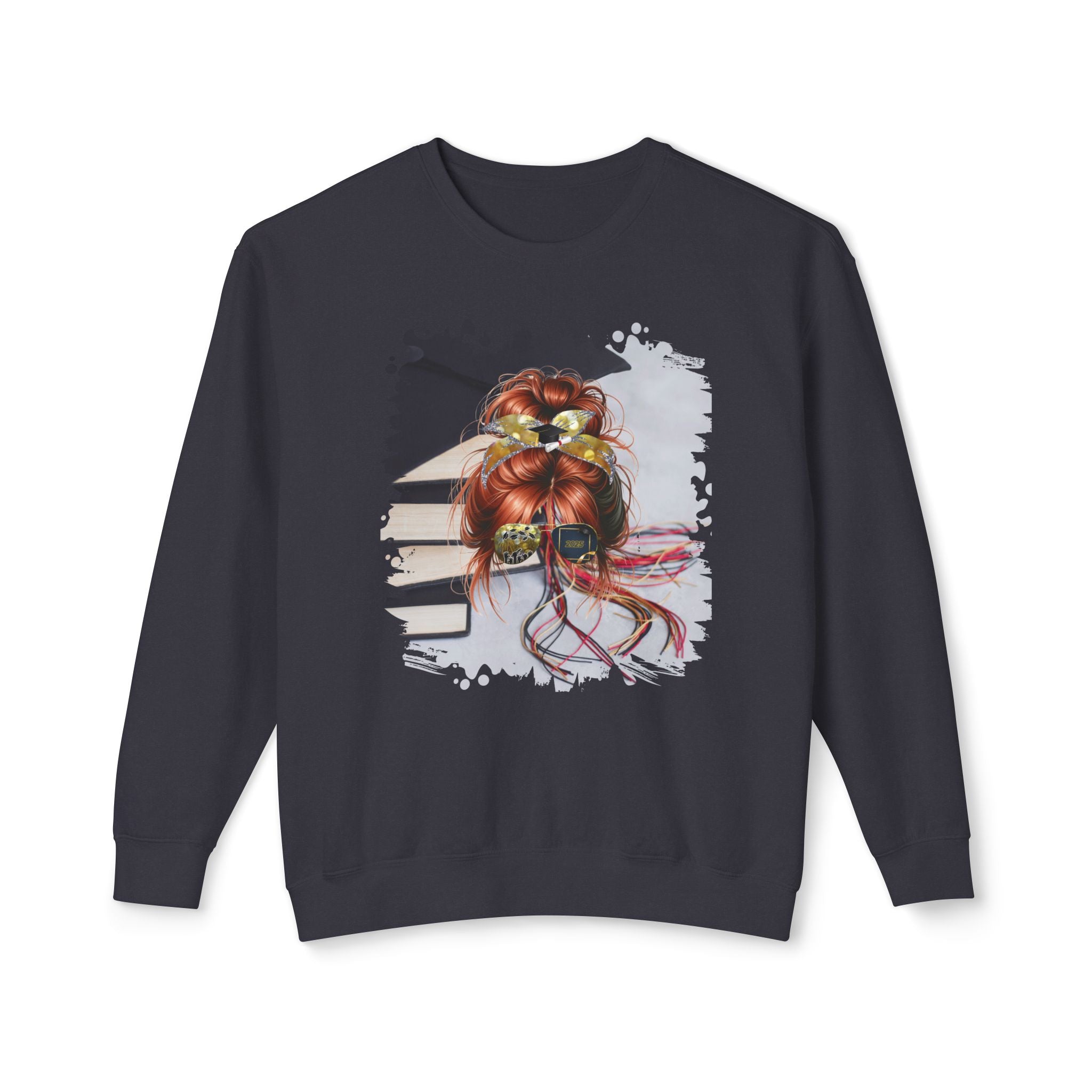 Cap & Books, Red Hair Messy Bun, Unisex Lightweight Crewneck Sweatshirt