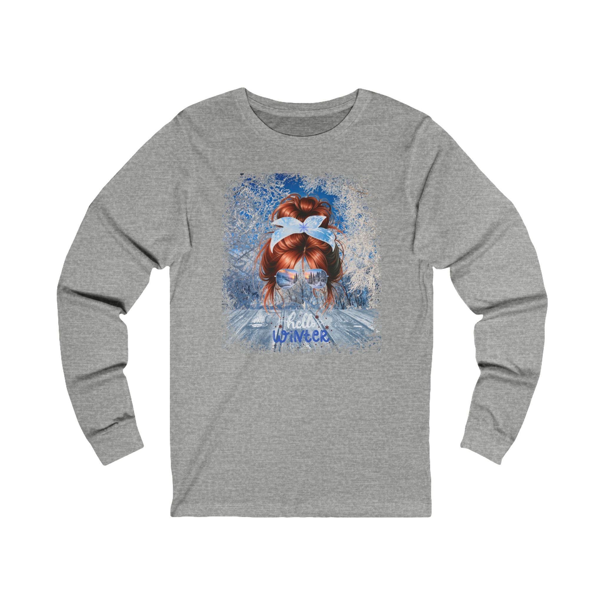 Hello Winter, Winter Sunny Porch, Red Hair Messy Bun, Unisex Jersey Long Sleeve Tee