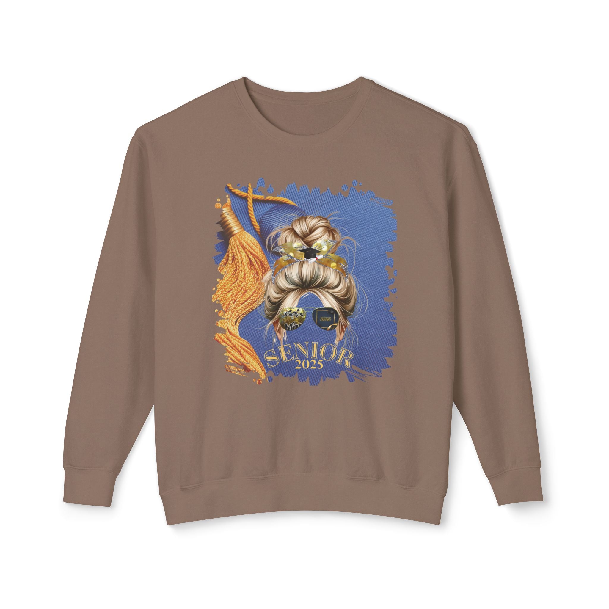 Senior 2025, Graduation Cap, Blond Hair Messy Bun, Unisex Lightweight Crewneck Sweatshirt