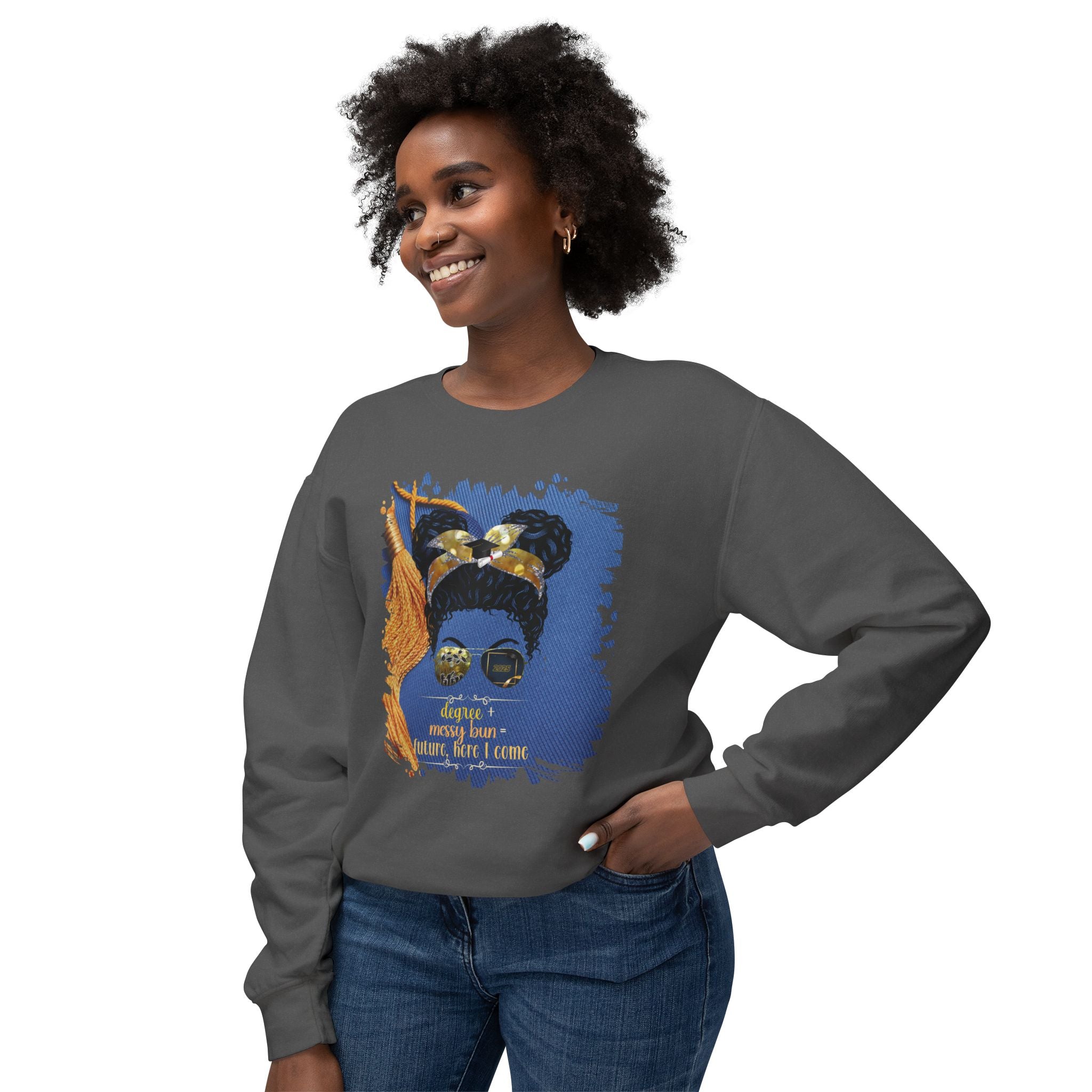 Degree + Messy Bun, Graduation Cap, Black Hair Messy Bun, Unisex Lightweight Crewneck Sweatshirt