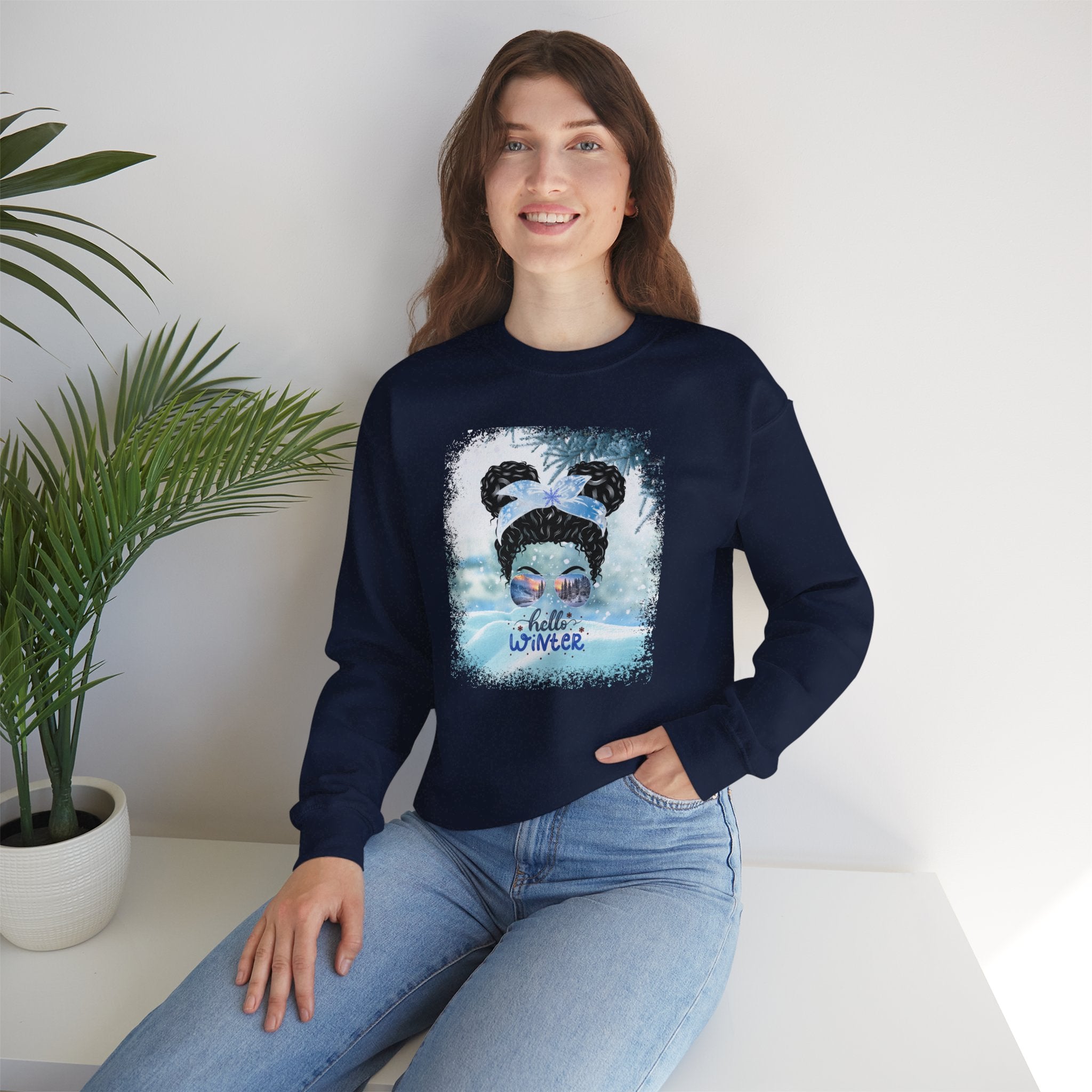 Hello Winter Snow, Black Hair Messy Bun, Unisex Heavy Blend™ Crewneck Sweatshirt