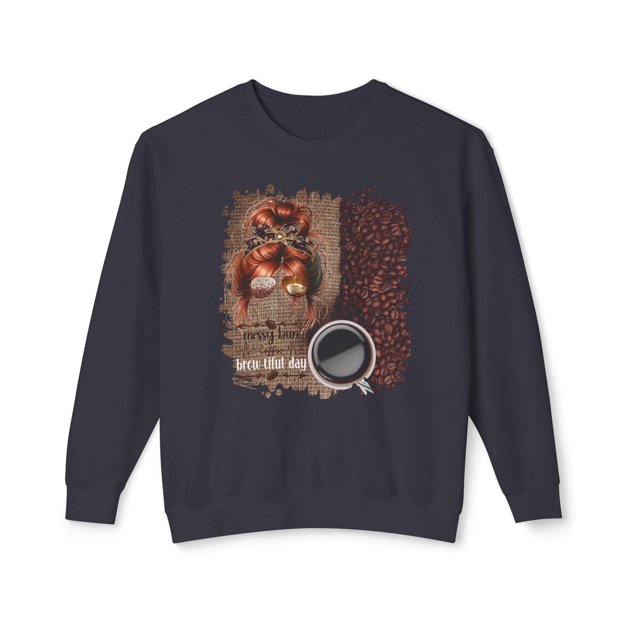 Coffee Heartbeat, Coffee Beans Bag, Red Hair Messy Bun, Unisex Lightweight Crewneck Sweatshirt