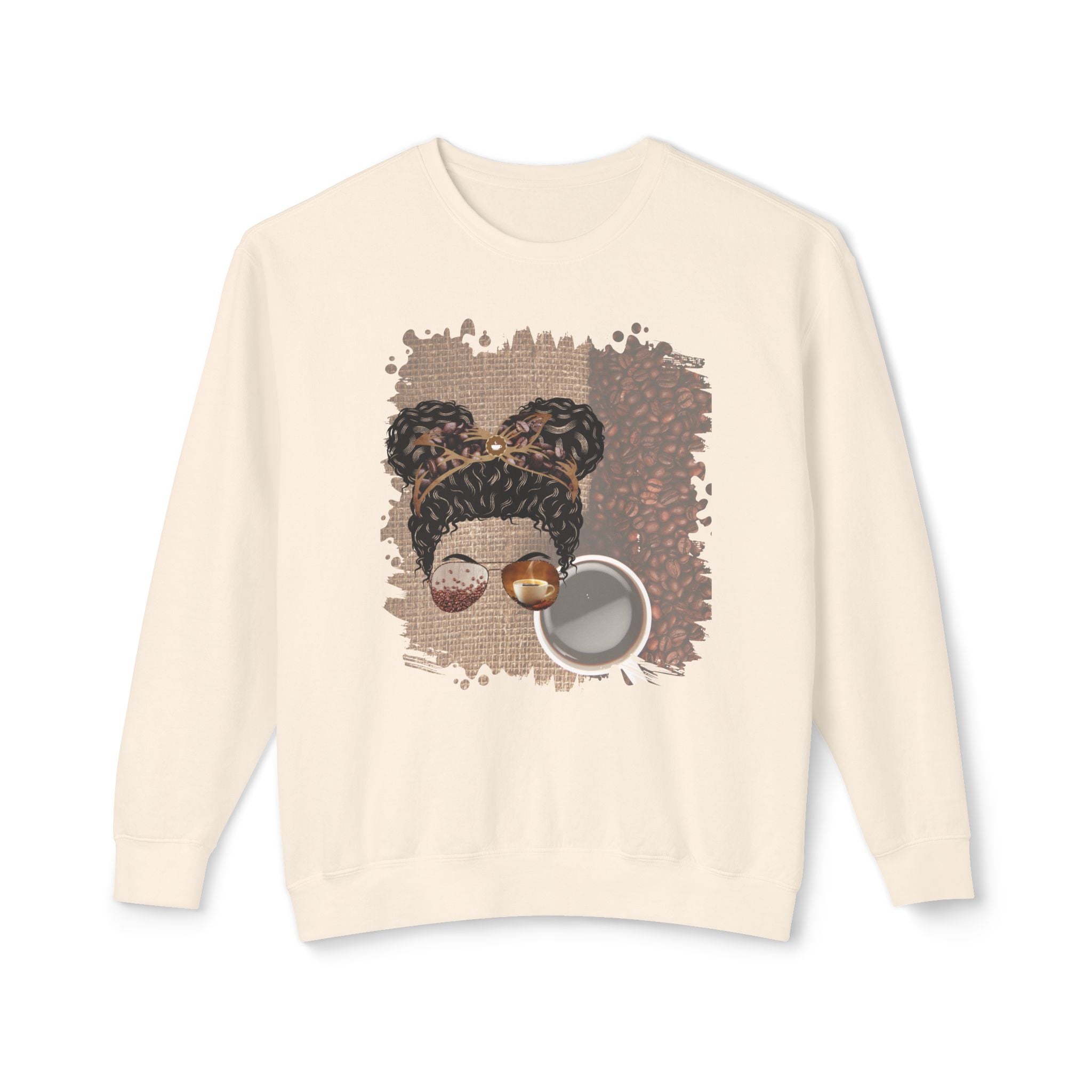 Coffee Beans Bag, Black Hair Messy Bun, Unisex Lightweight Crewneck Sweatshirt