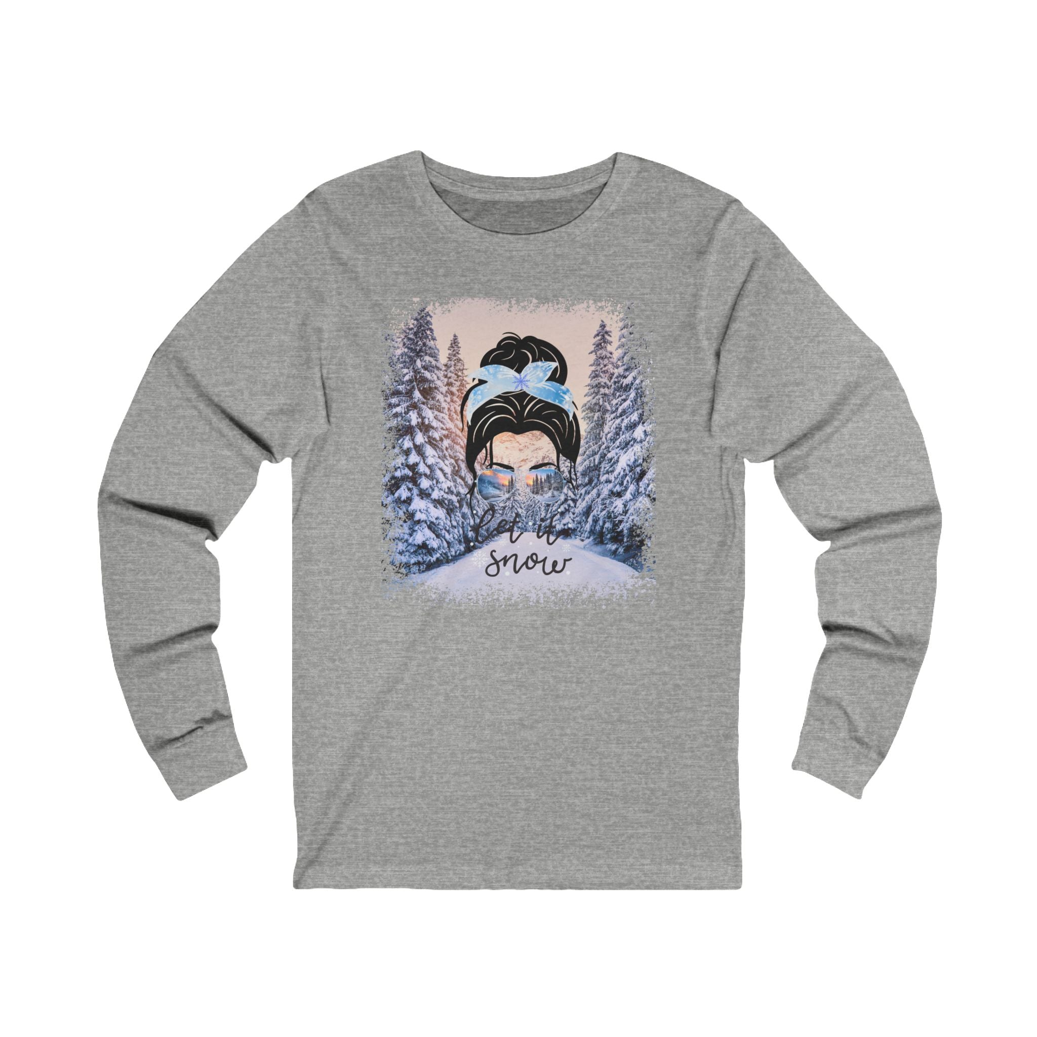 Let it Snow Winter Trail, Dark Hair Messy Bun, Unisex Jersey Long Sleeve Tee