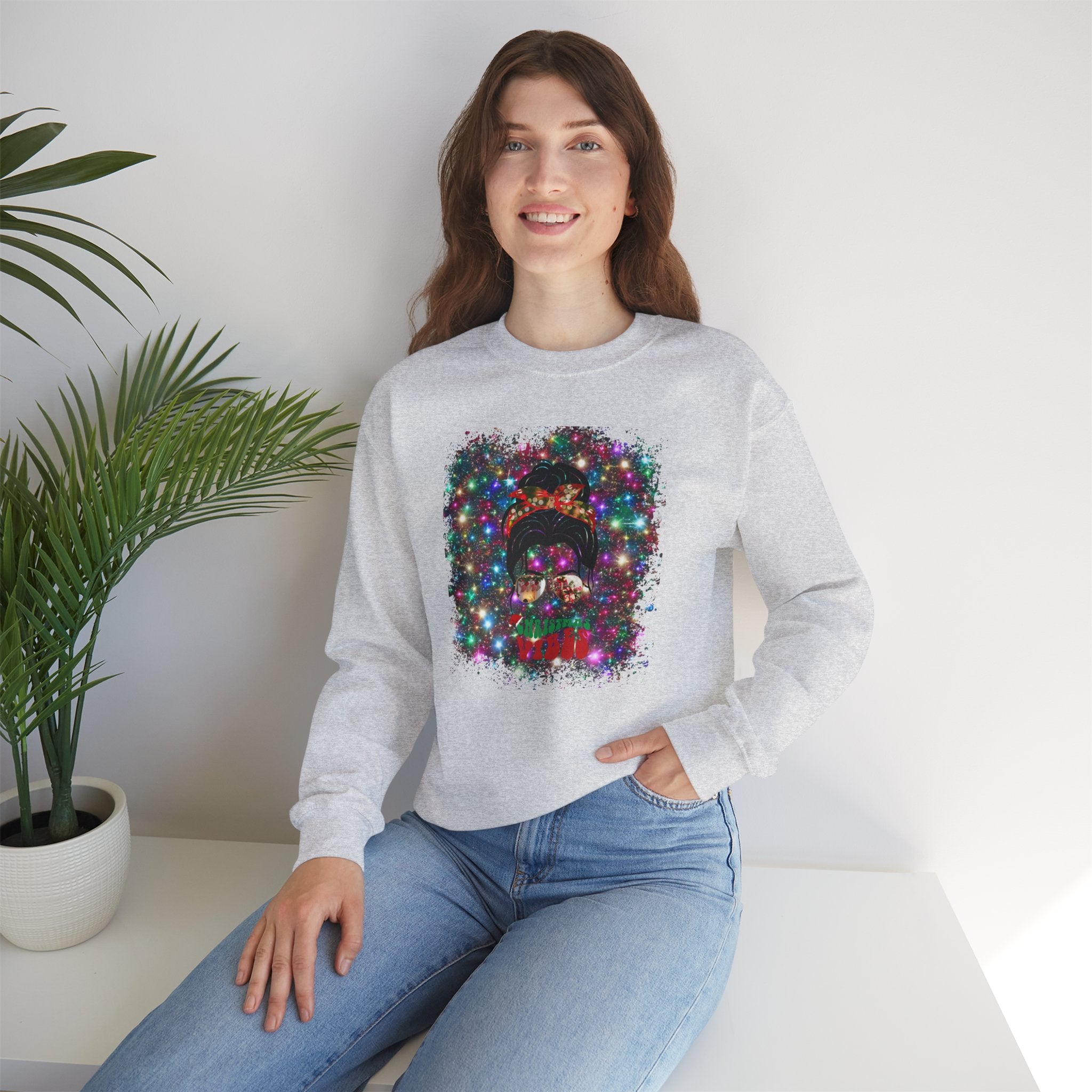 Christmas Vibes Christmas Lights, Dark Hair Messy Bun, Unisex Heavy Blend™ Crewneck Sweatshirt