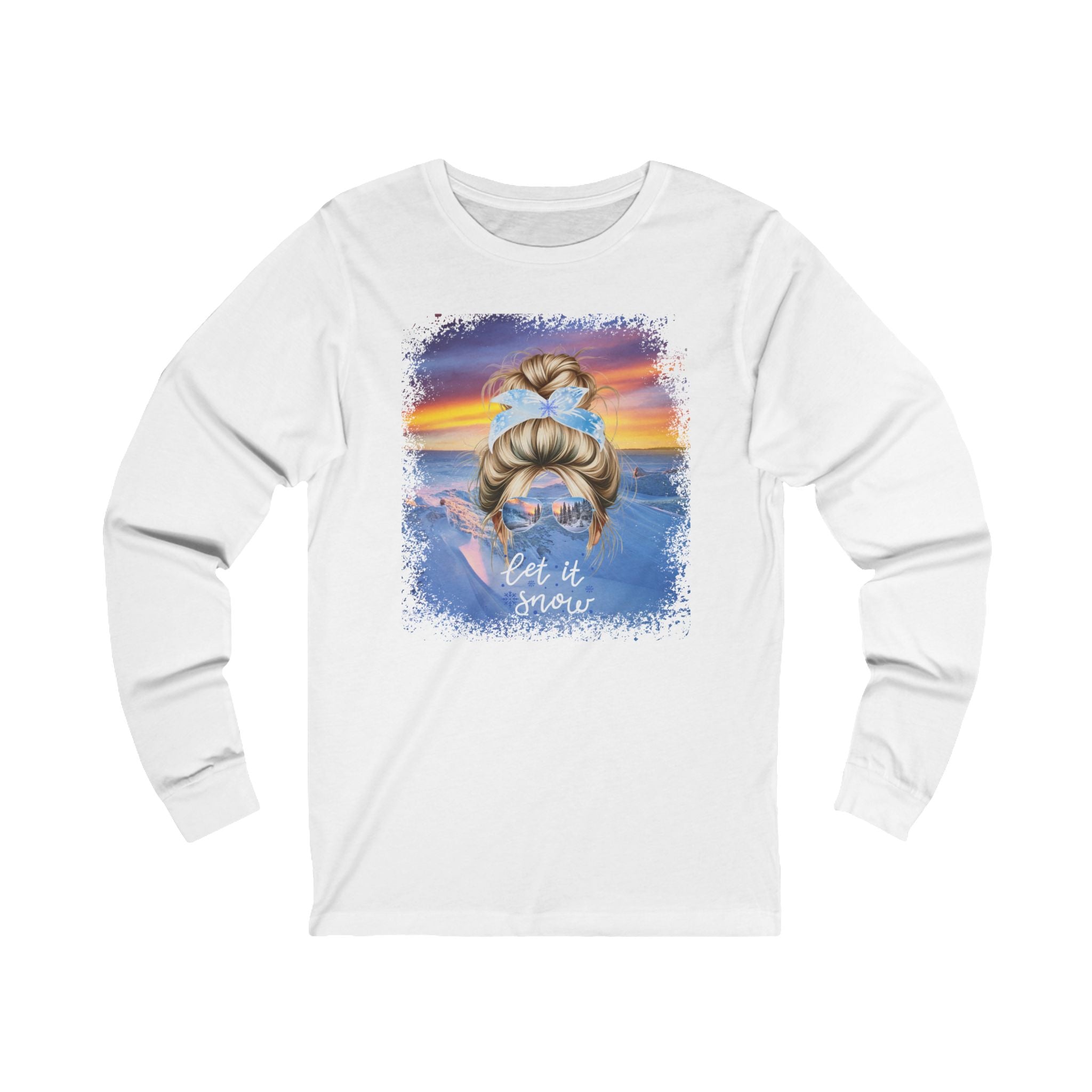 Let it Snow Winter Mountain, Blond Hair Messy Bun, Unisex Jersey Long Sleeve Tee