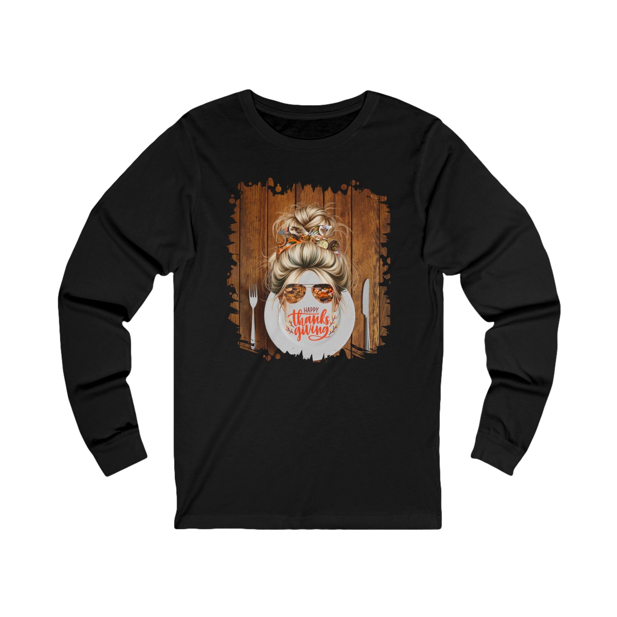 Happy Thanksgiving Plate Setting, Blond Hair Messy Bun, Unisex Jersey Long Sleeve Tee