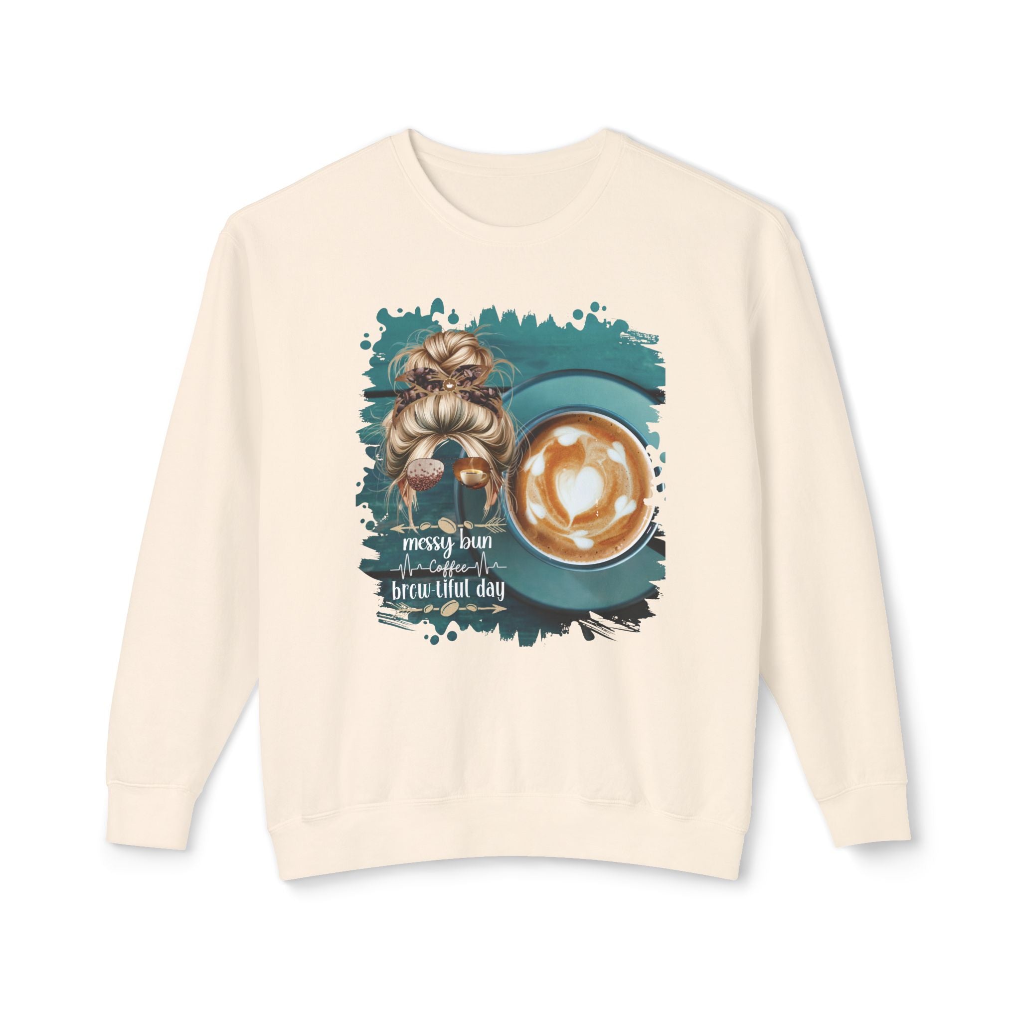 Coffee Heartbeat, Coffee Cup, Blond Hair Messy Bun, Unisex Lightweight Crewneck Sweatshirt