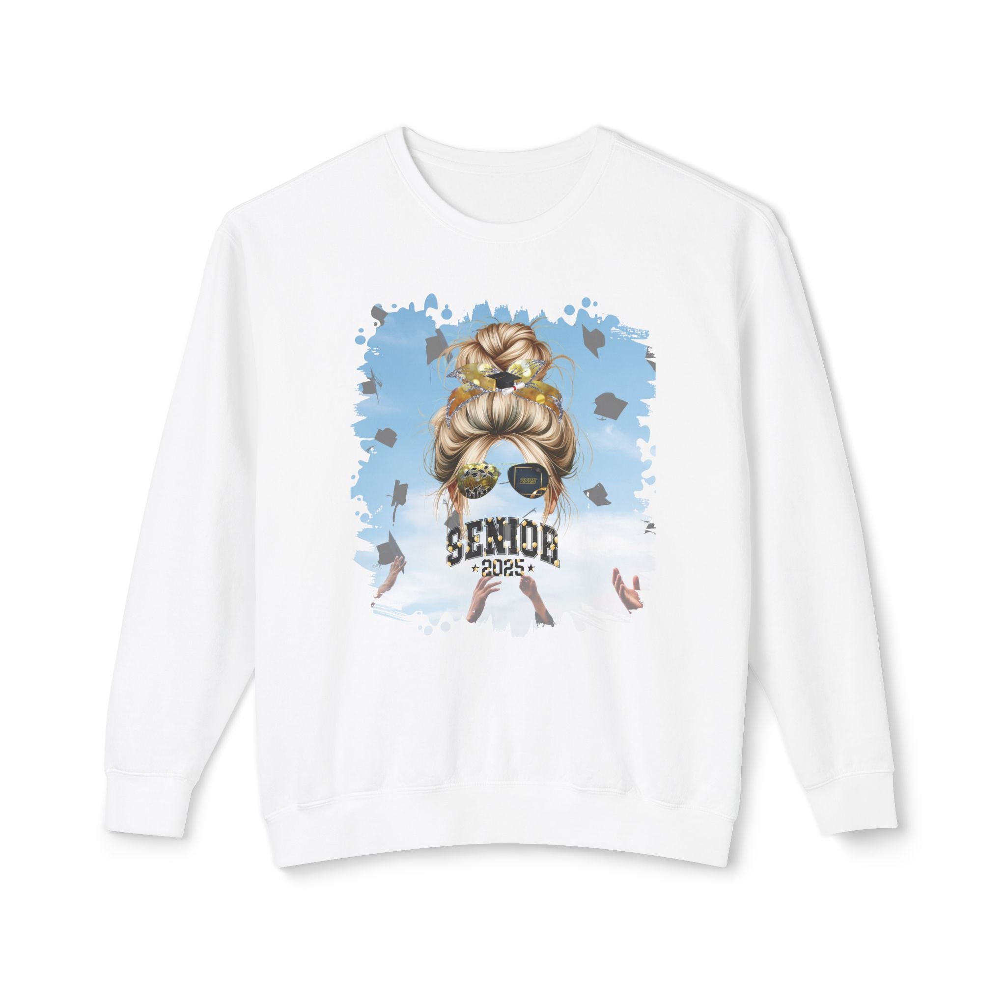 Senior 2025 Balloons, Celebration, Blond Hair Messy Bun, Unisex Lightweight Crewneck Sweatshirt
