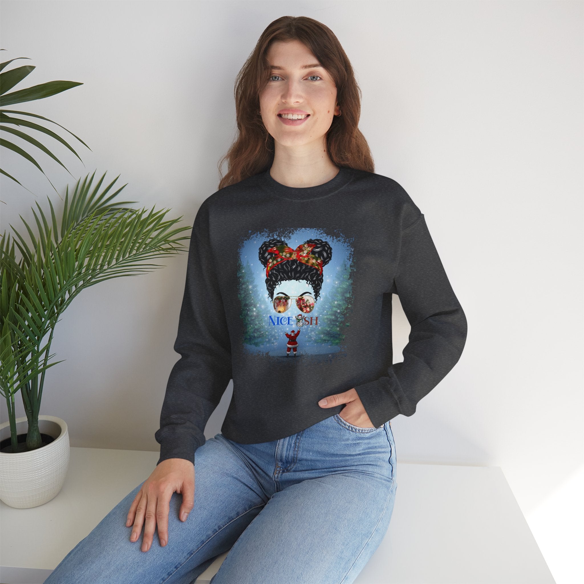 Nice-ish Santa, Black Hair Messy Bun, Unisex Heavy Blend™ Crewneck Sweatshirt