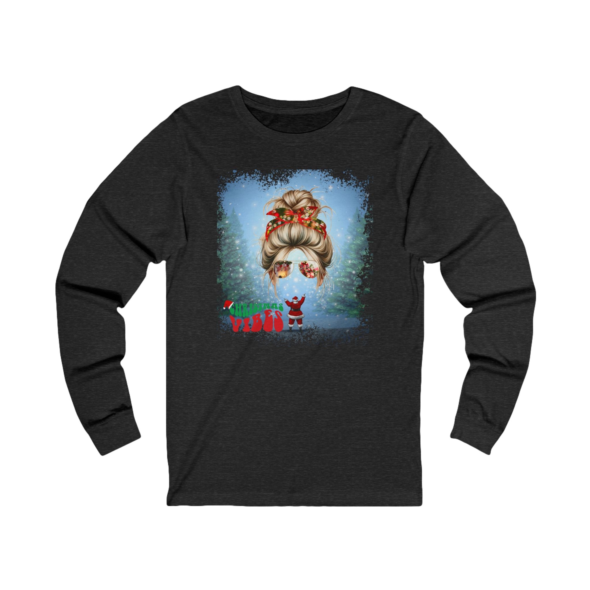 Christmas Vibes Santa, Blond Hair Messy Bun, Unisex Jersey Long Sleeve Tee