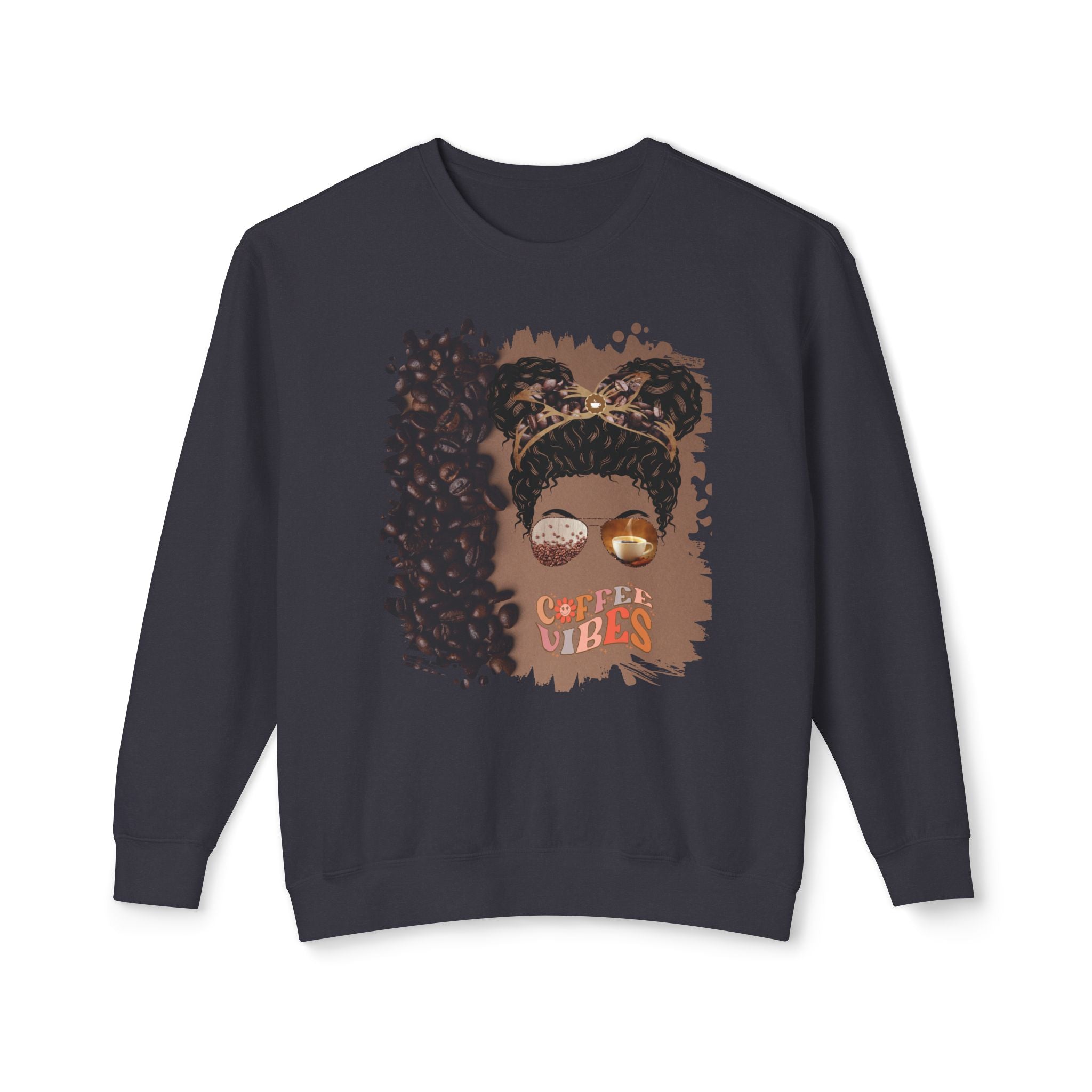 Coffee Vibes, Coffee Beans Shade, Black Hair Messy Bun, Unisex Lightweight Crewneck Sweatshirt