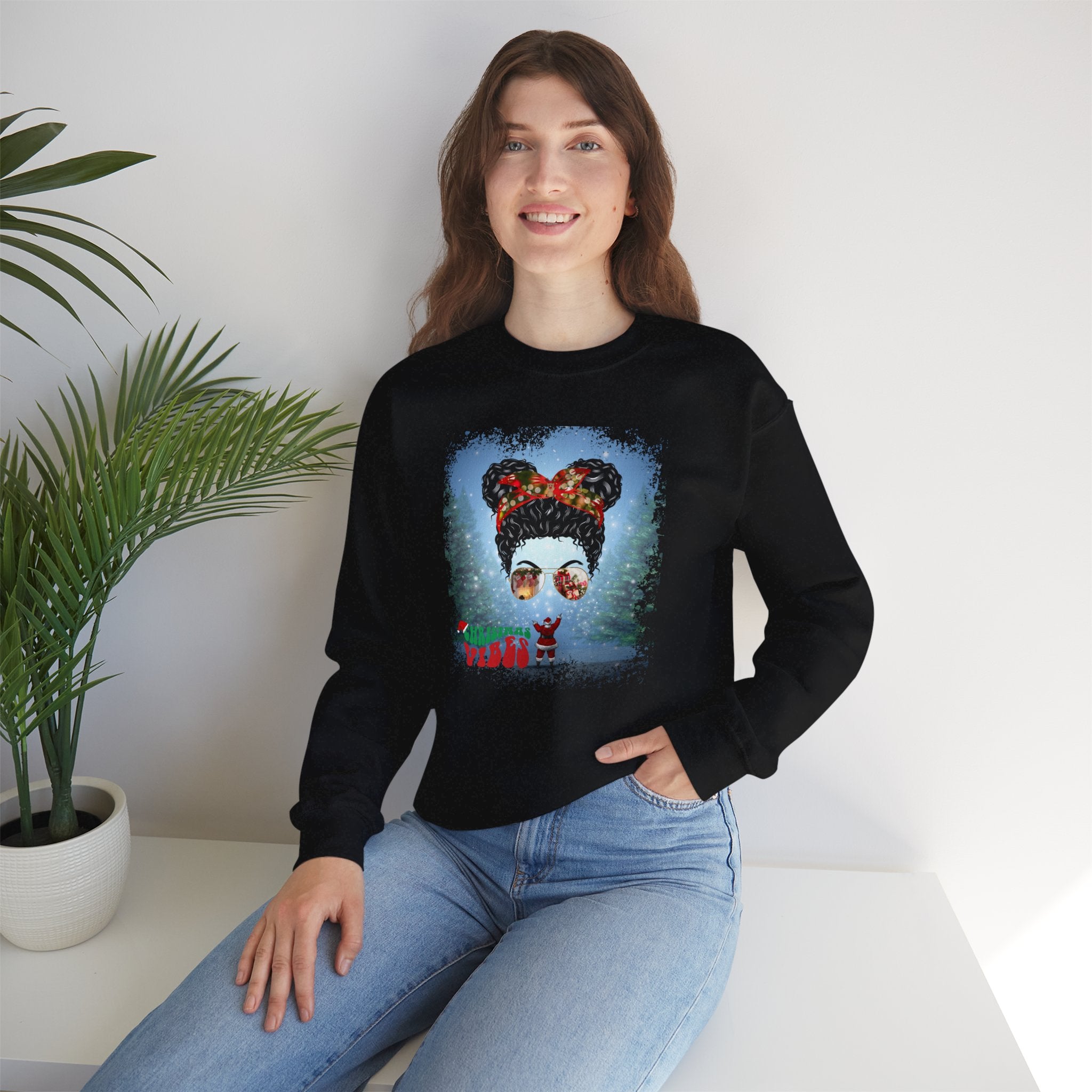 Christmas Vibes Santa, Black Hair Messy Bun, Unisex Heavy Blend™ Crewneck Sweatshirt