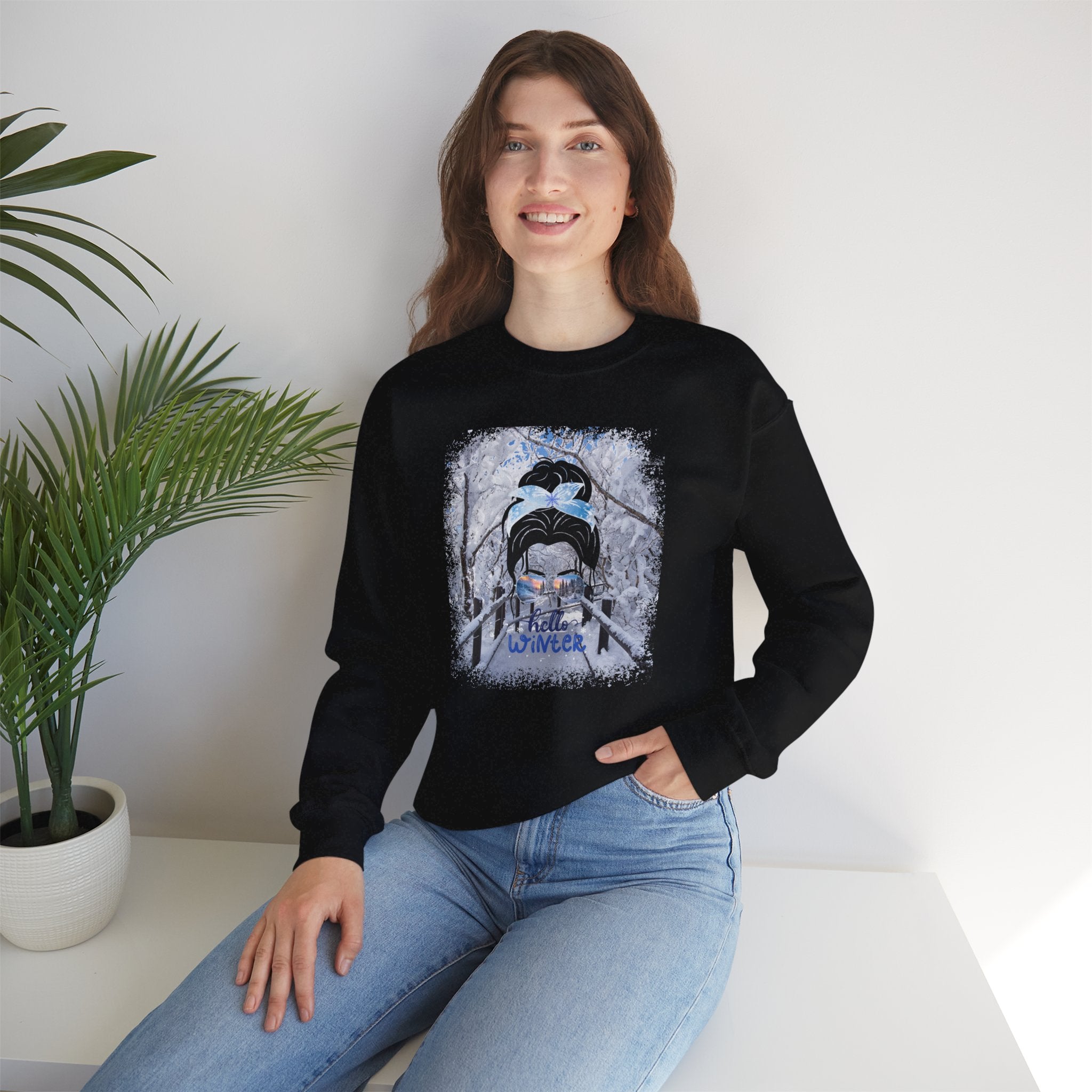 Hello Winter, Winter Hike, Dark Hair Messy Bun, Unisex Heavy Blend™ Crewneck Sweatshirt