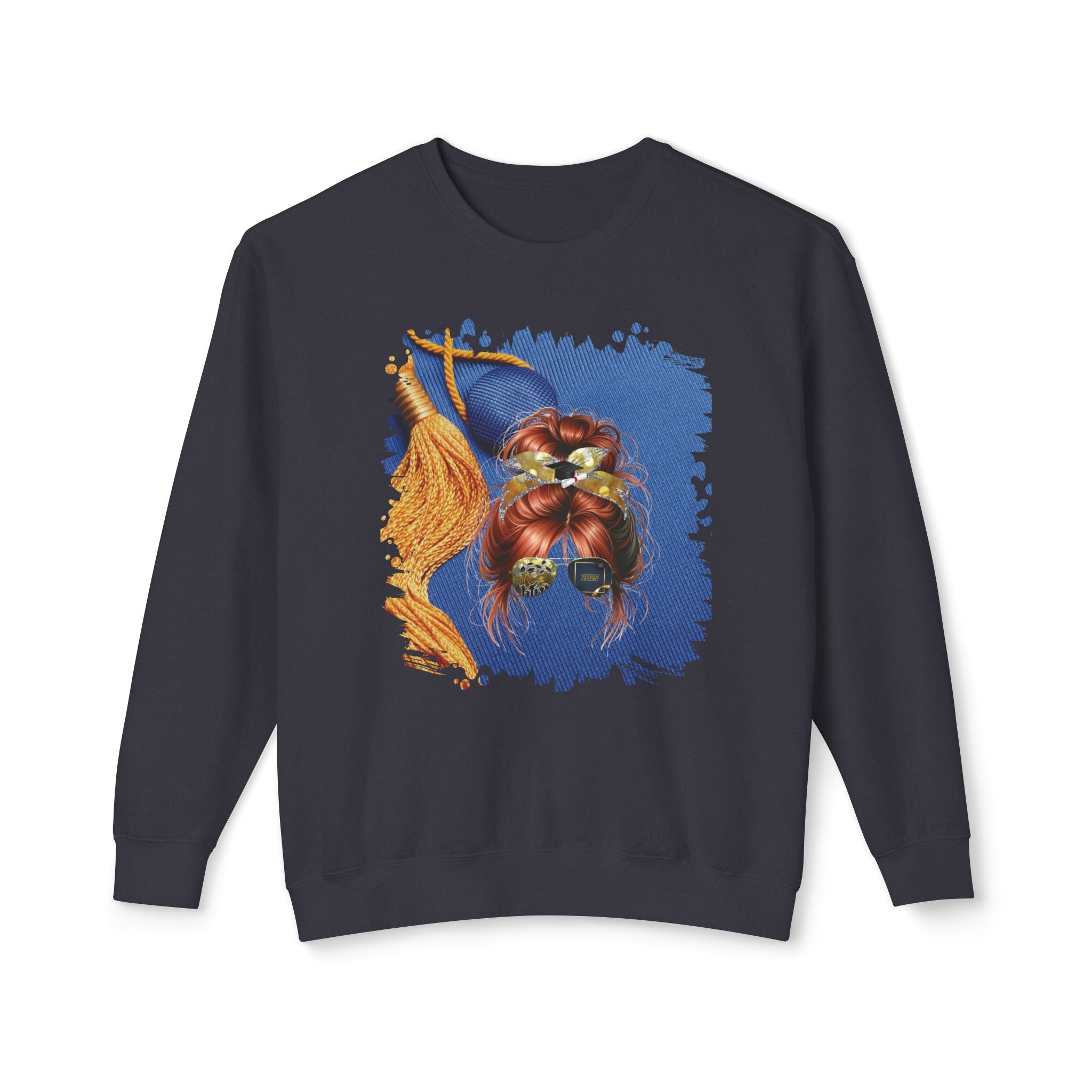 Graduation Cap, Red Hair Messy Bun, Unisex Lightweight Crewneck Sweatshirt