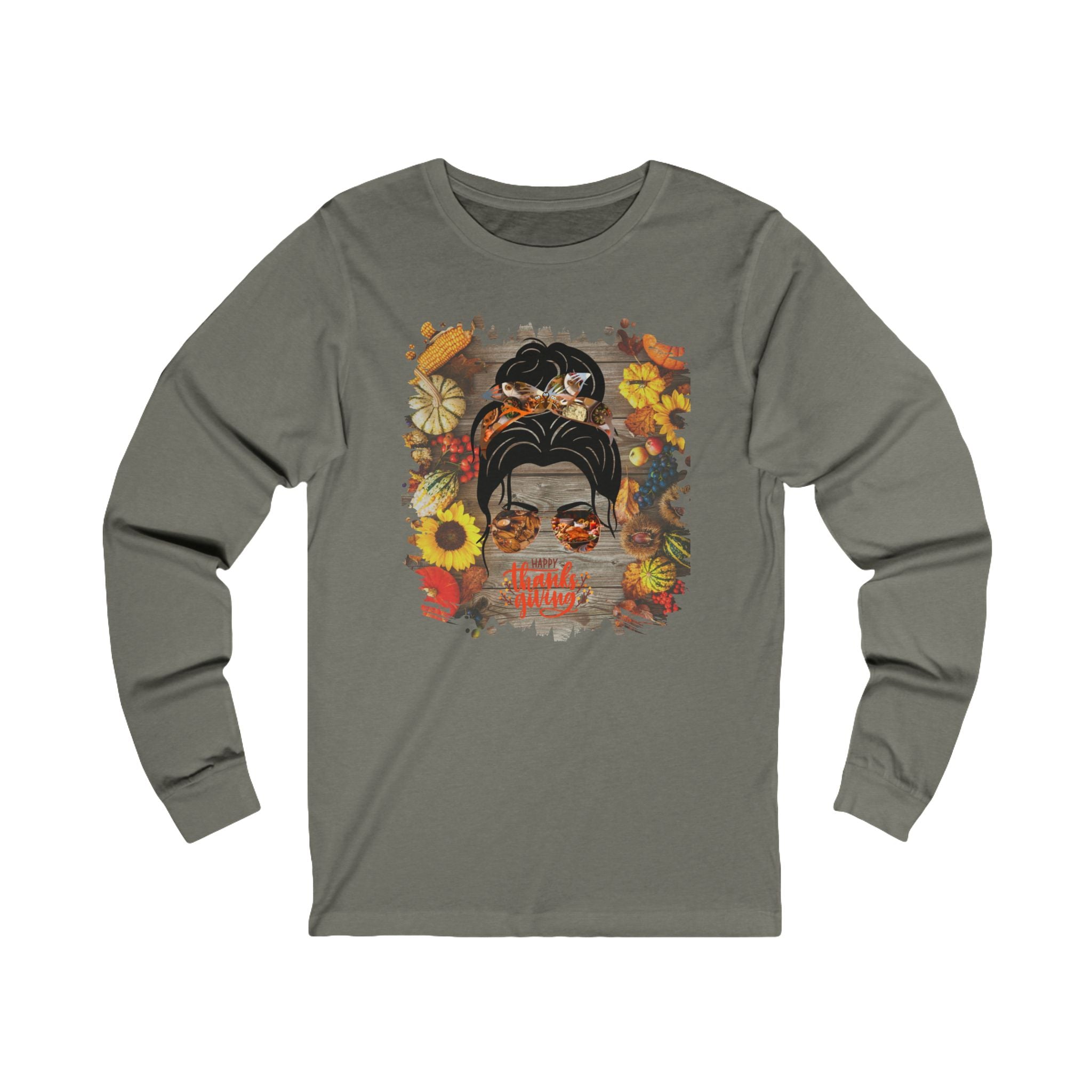 Happy Thanksgiving Decorated Background, Dark Hair Messy Bun, Unisex Jersey Long Sleeve Tee