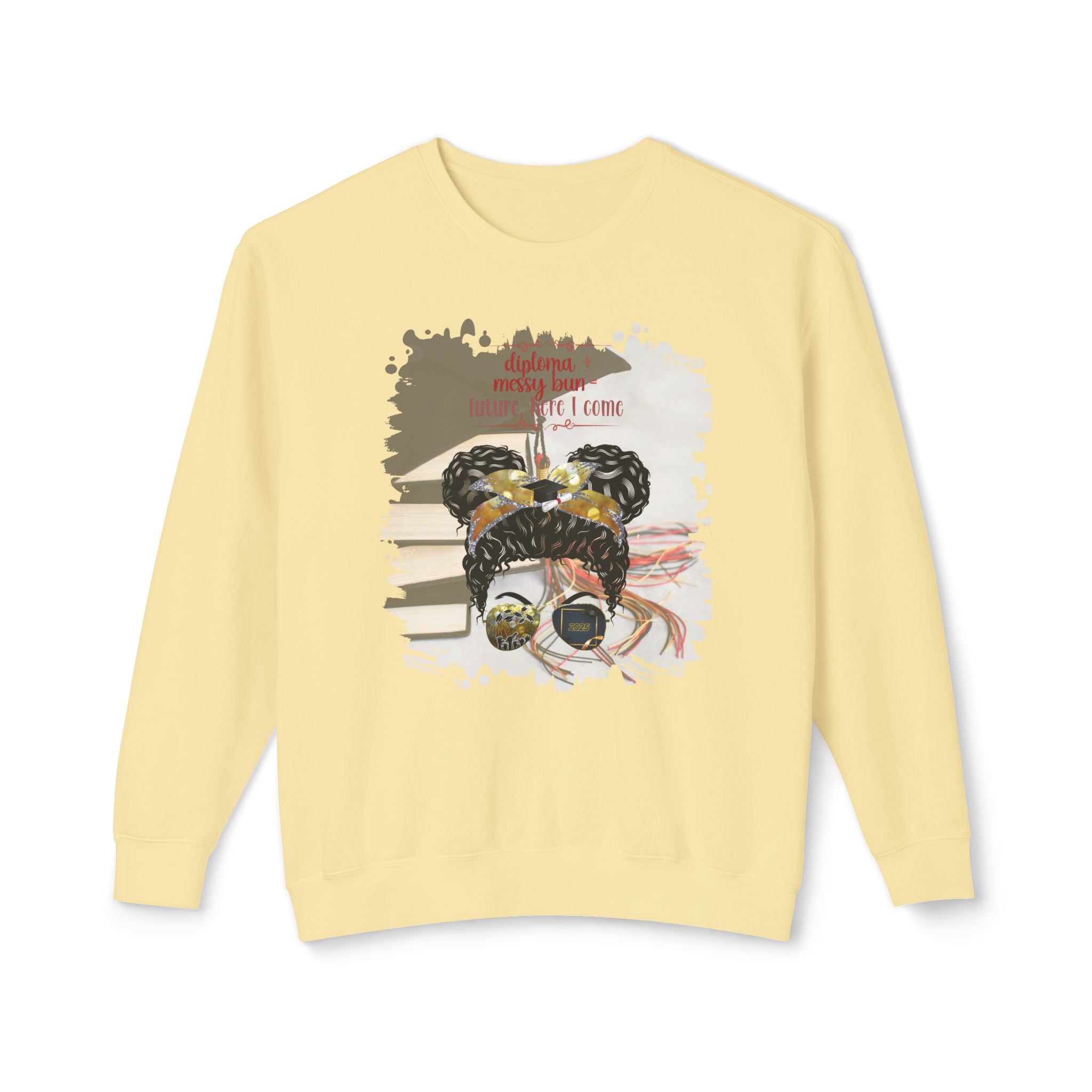 Diploma + Messy Bun, Cap & Books, Black Hair Messy Bun, Unisex Lightweight Crewneck Sweatshirt
