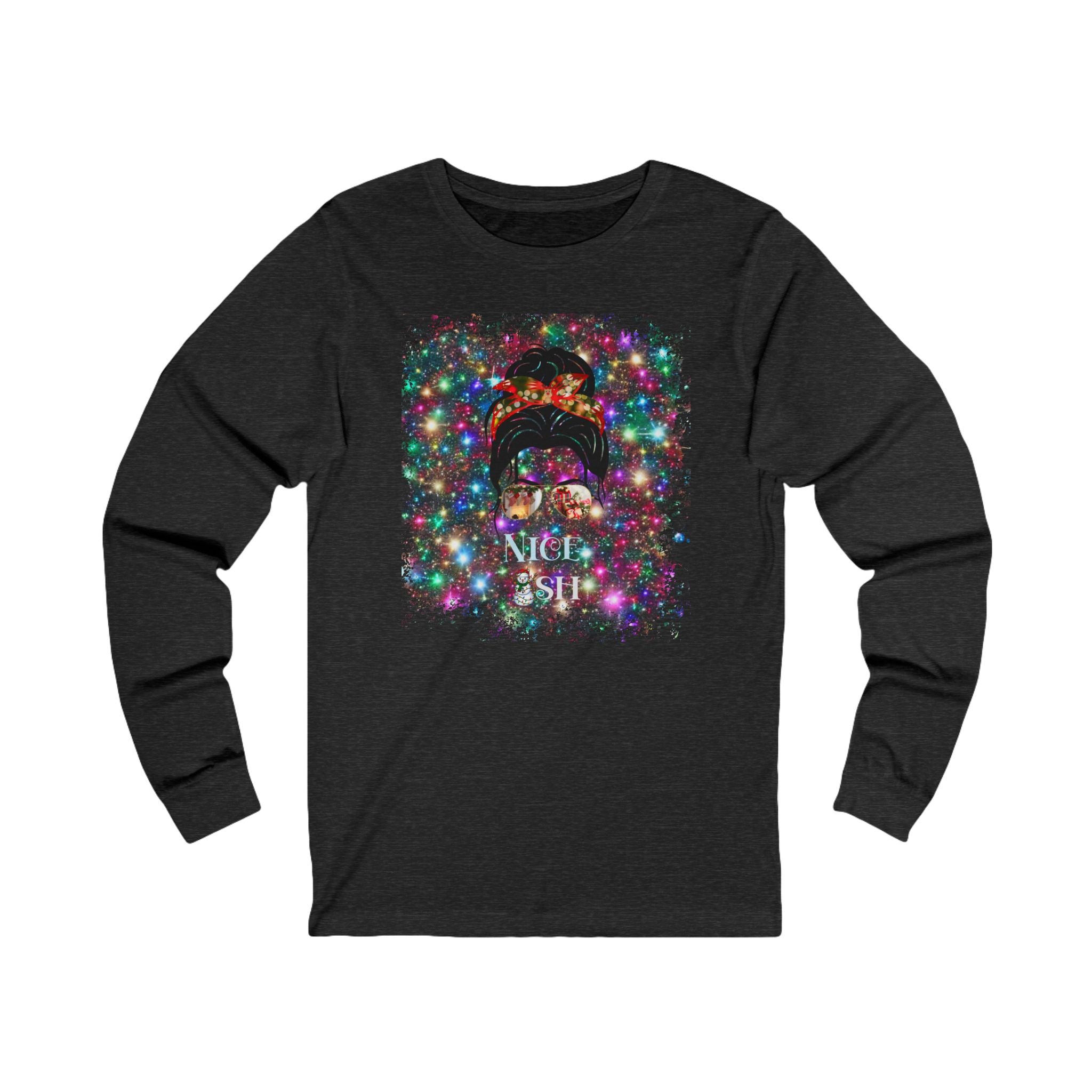 Nice-ish Christmas Lights, Dark Hair Messy Bun, Unisex Jersey Long Sleeve Tee