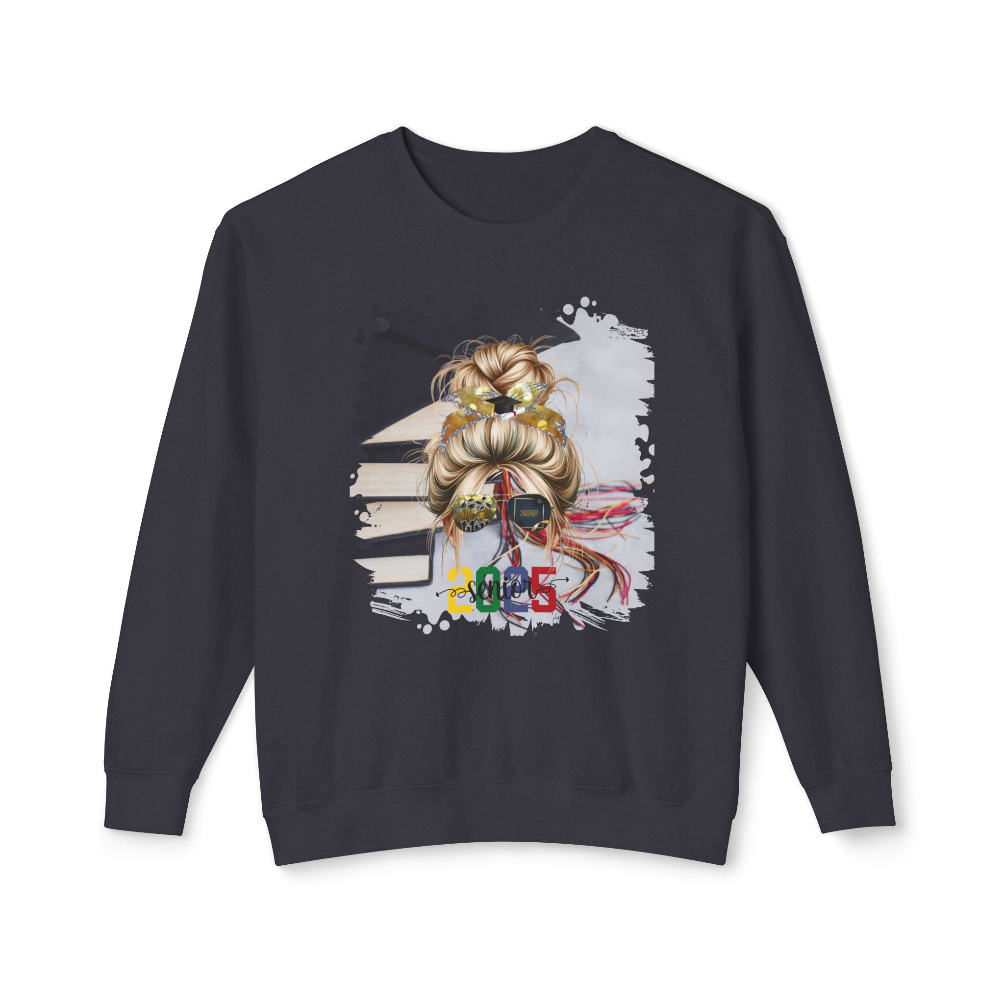 Senior 2025 Colorful, Cap & Books, Blond Hair Messy Bun, Unisex Lightweight Crewneck Sweatshirt