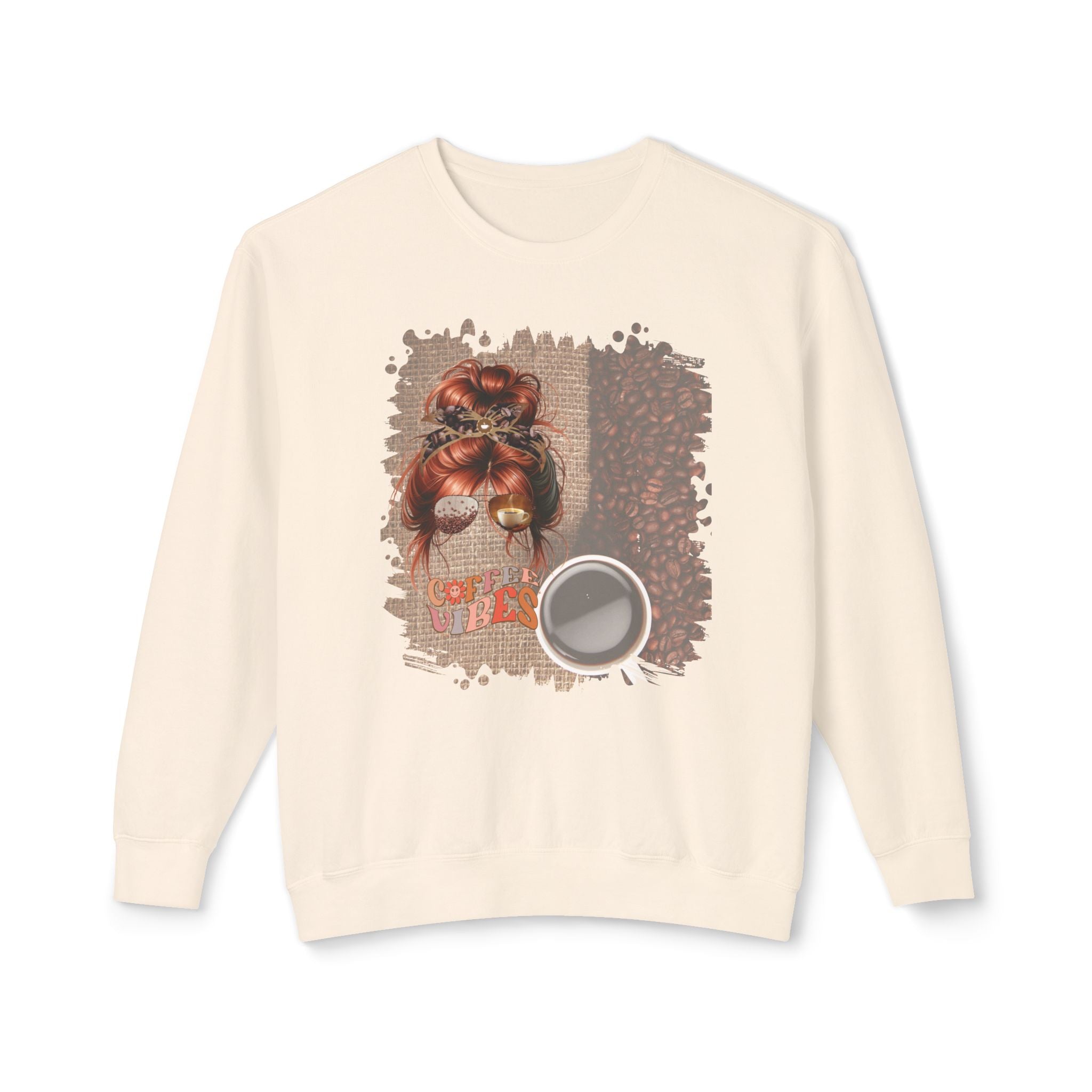 Coffee Vibes, Coffee Beans Bag, Red Hair Messy Bun, Unisex Lightweight Crewneck Sweatshirt