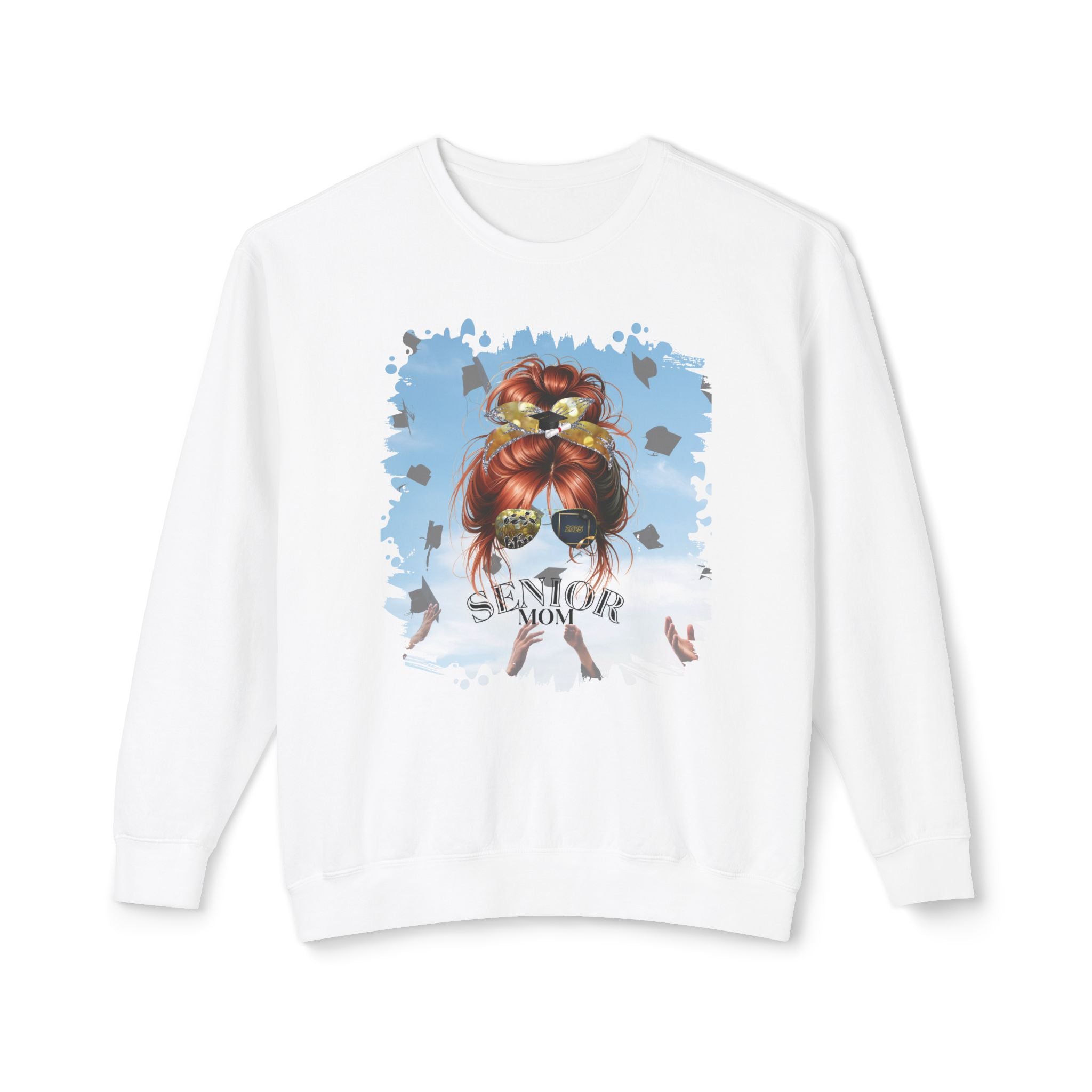 Senior Mom, Celebration, Red Hair Messy Bun, Unisex Lightweight Crewneck Sweatshirt