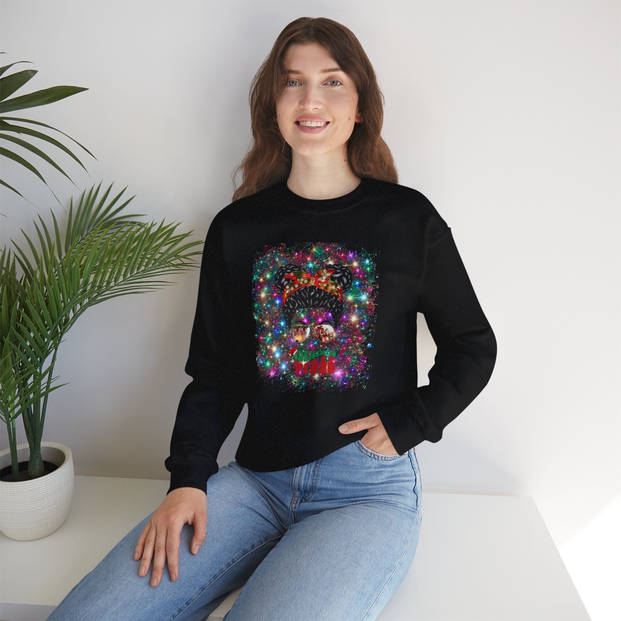 Christmas Vibes Christmas Lights, Black Hair Messy Bun, Unisex Heavy Blend™ Crewneck Sweatshirt