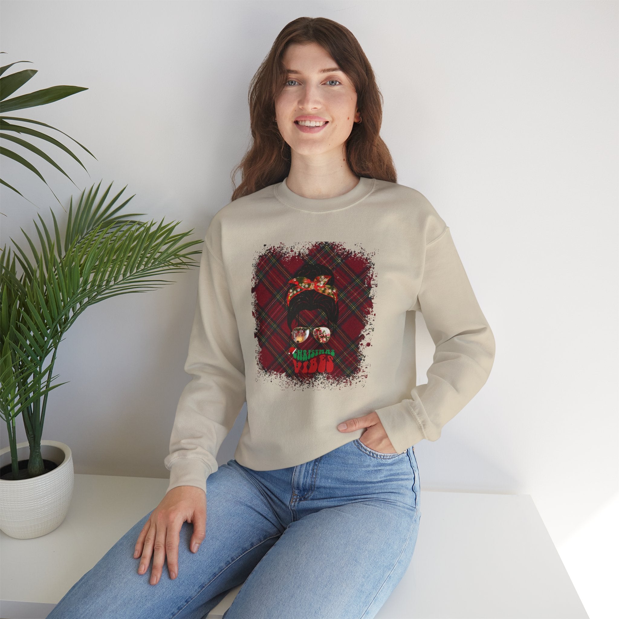 Christmas Vibes Christmas Plaid, Dark Hair Messy Bun, Unisex Heavy Blend™ Crewneck Sweatshirt