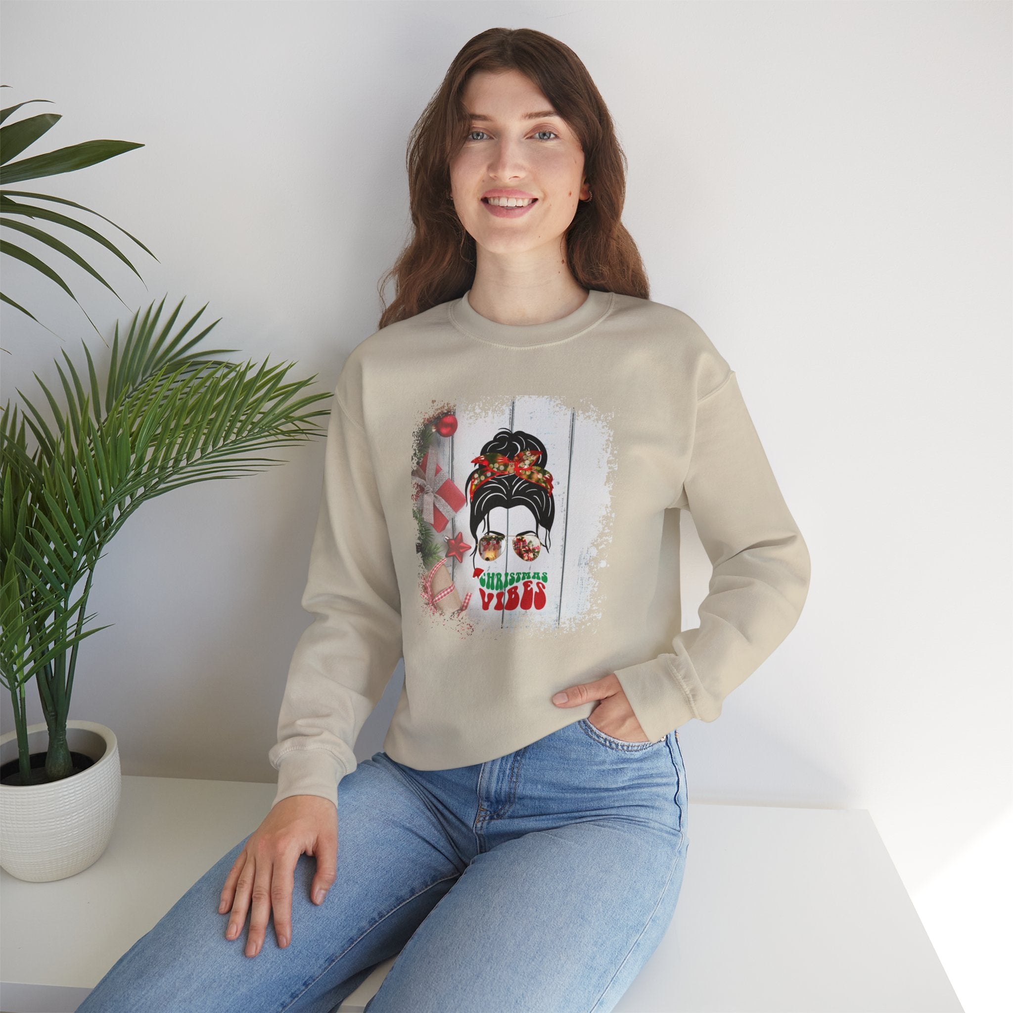 Christmas Vibes Christmas Presents, Dark Hair Messy Bun, Unisex Heavy Blend™ Crewneck Sweatshirt