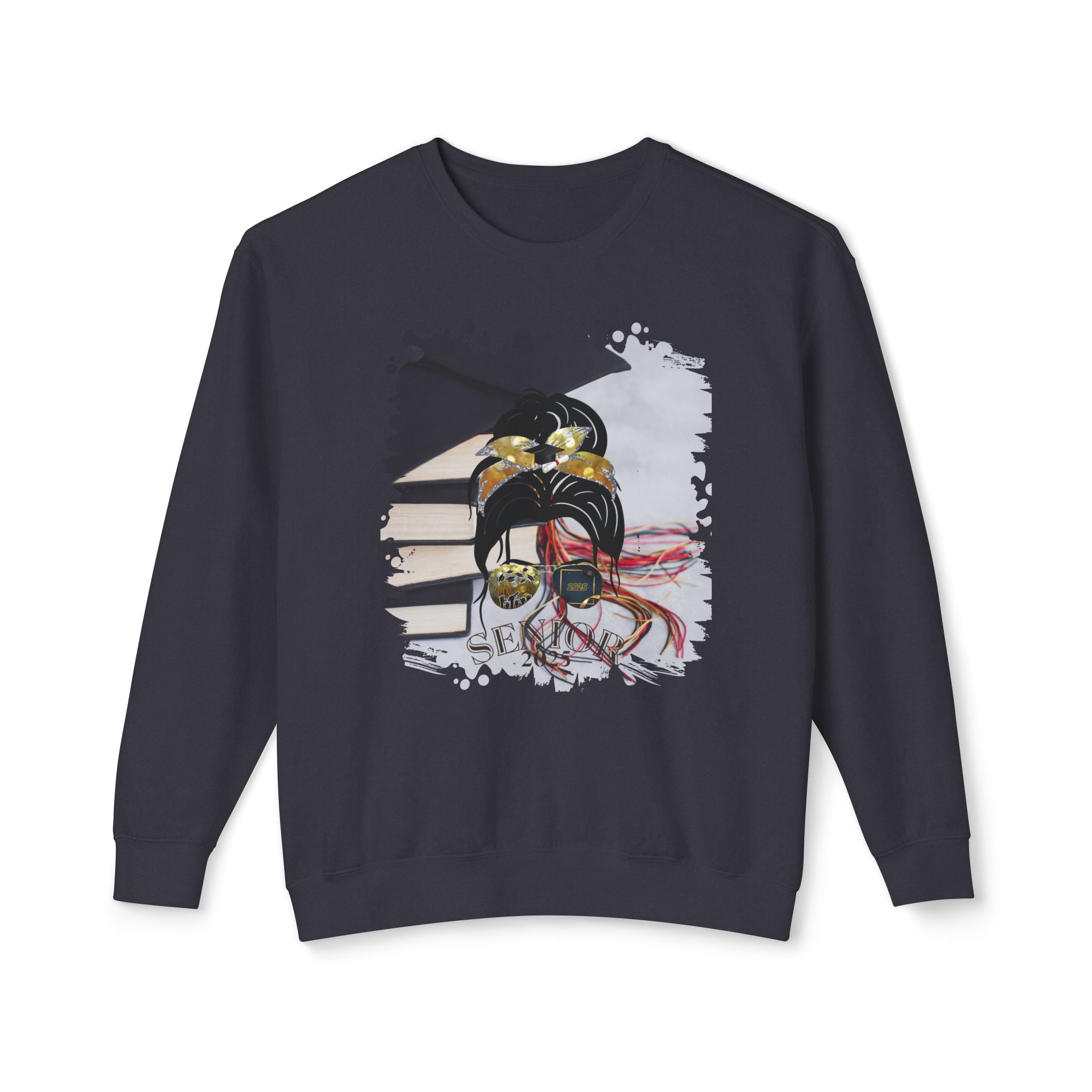 Senior 2025, Cap & Books, Dark Hair Messy Bun, Unisex Lightweight Crewneck Sweatshirt