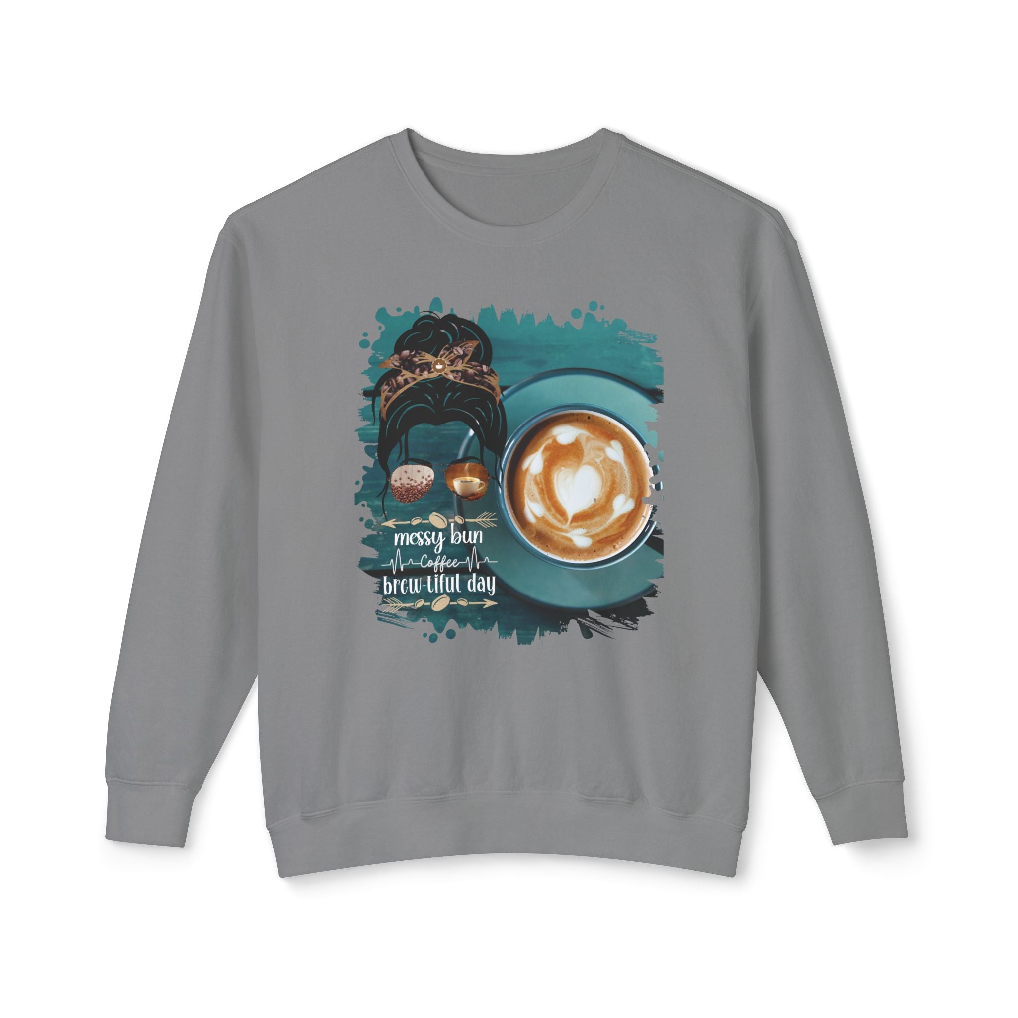 Coffee Heartbeat, Coffee Cup, Dark Hair Messy Bun, Unisex Lightweight Crewneck Sweatshirt