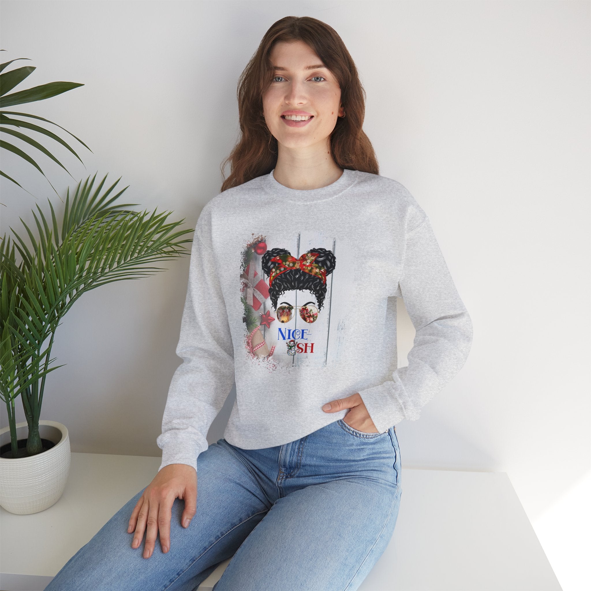 Nice-ish Christmas Presents, Black Hair Messy Bun, Unisex Heavy Blend™ Crewneck Sweatshirt