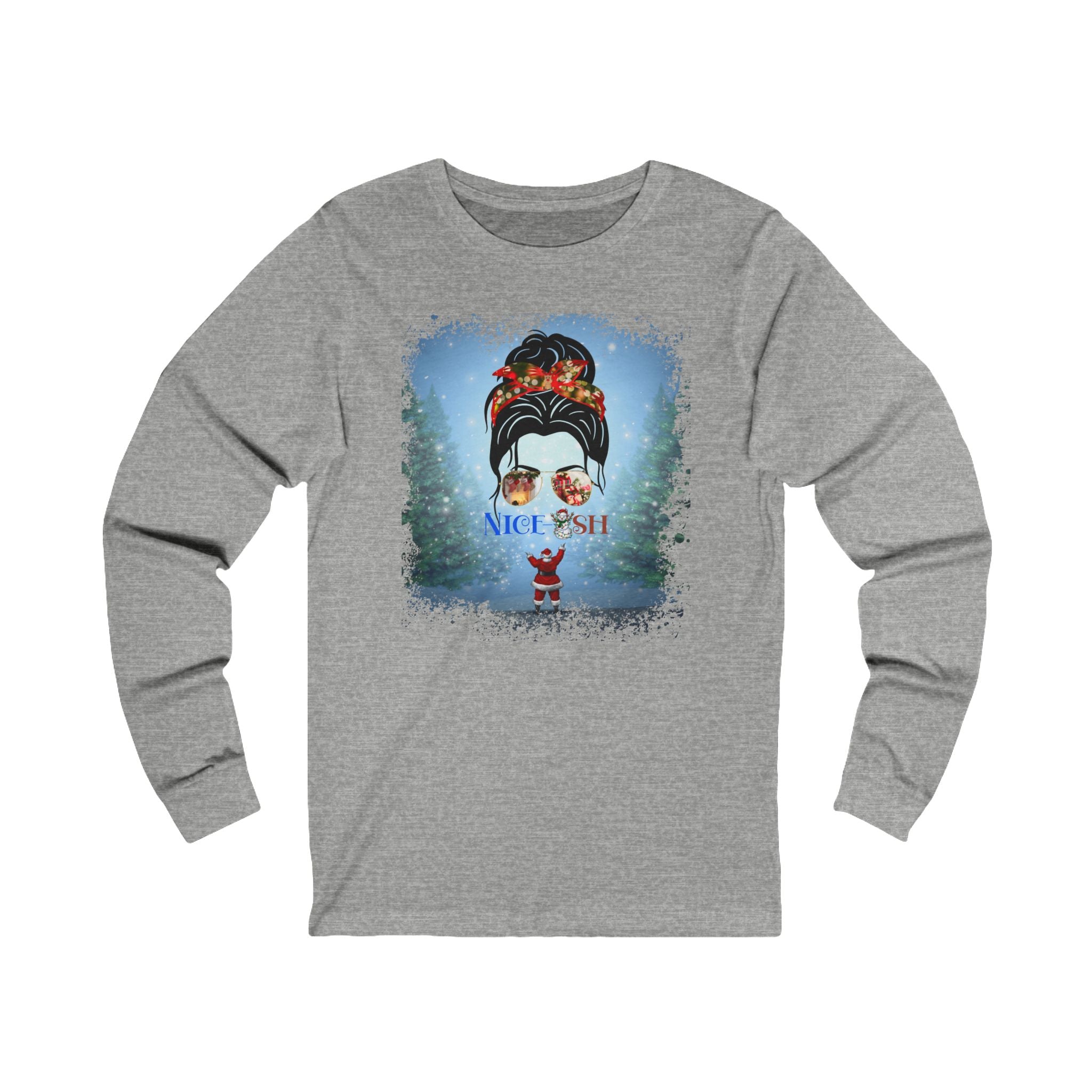 Nice-ish Santa, Dark Hair Messy Bun, Unisex Jersey Long Sleeve Tee