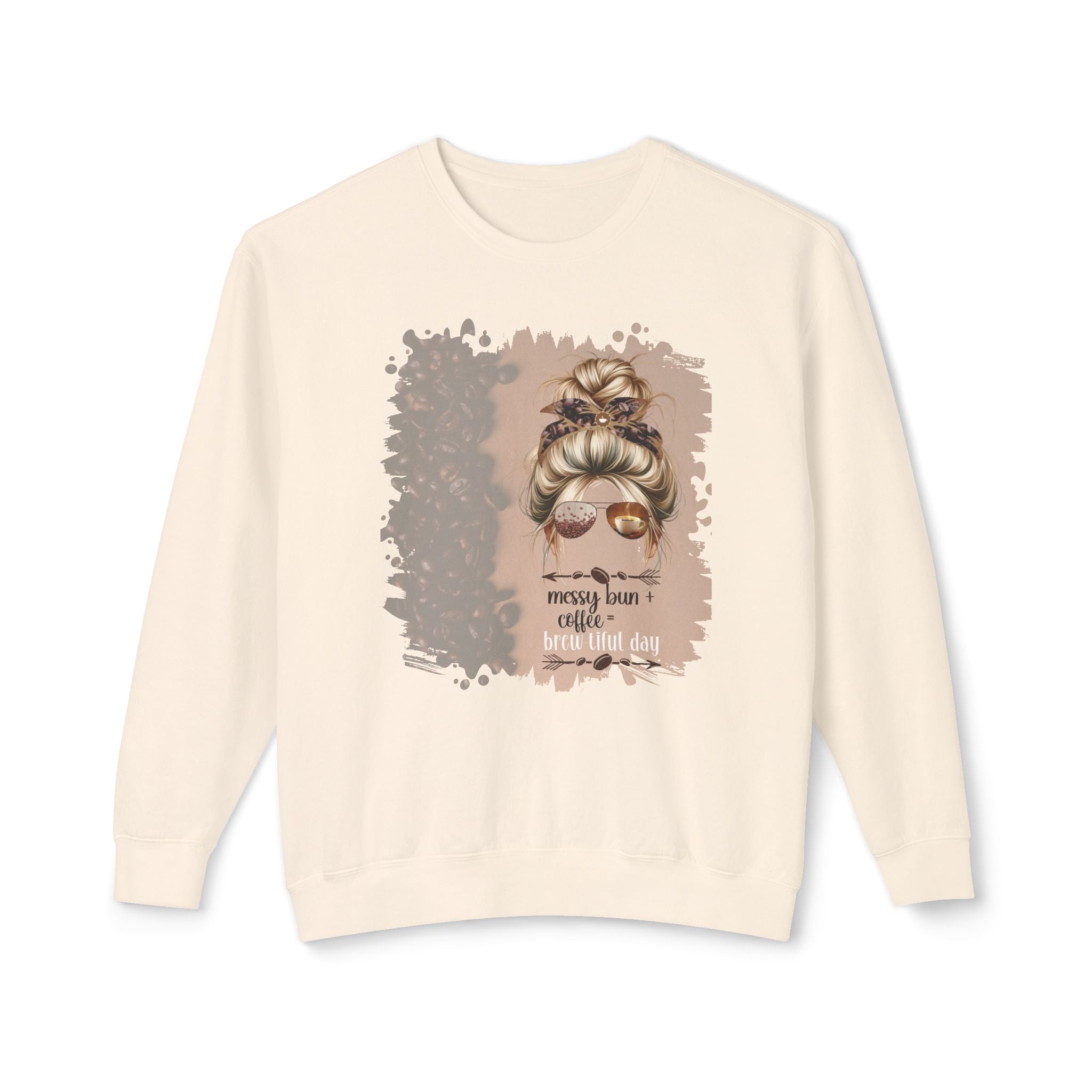 Messy Bun plus Coffee, Coffee Beans Shade, Blond Hair Messy Bun, Unisex Lightweight Crewneck Sweatshirt