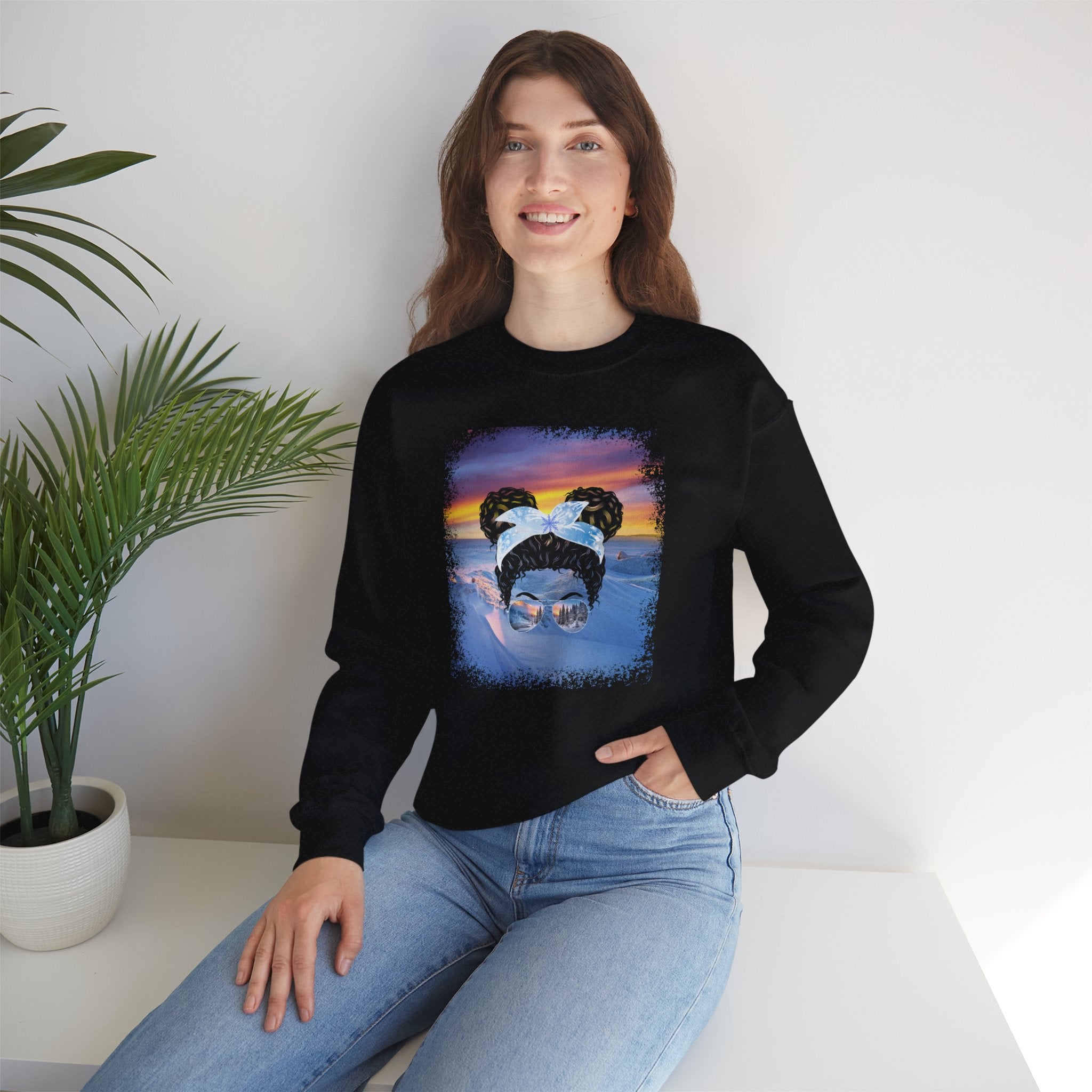 Winter Mountain, Black Hair Messy Bun, Unisex Heavy Blend™ Crewneck Sweatshirt