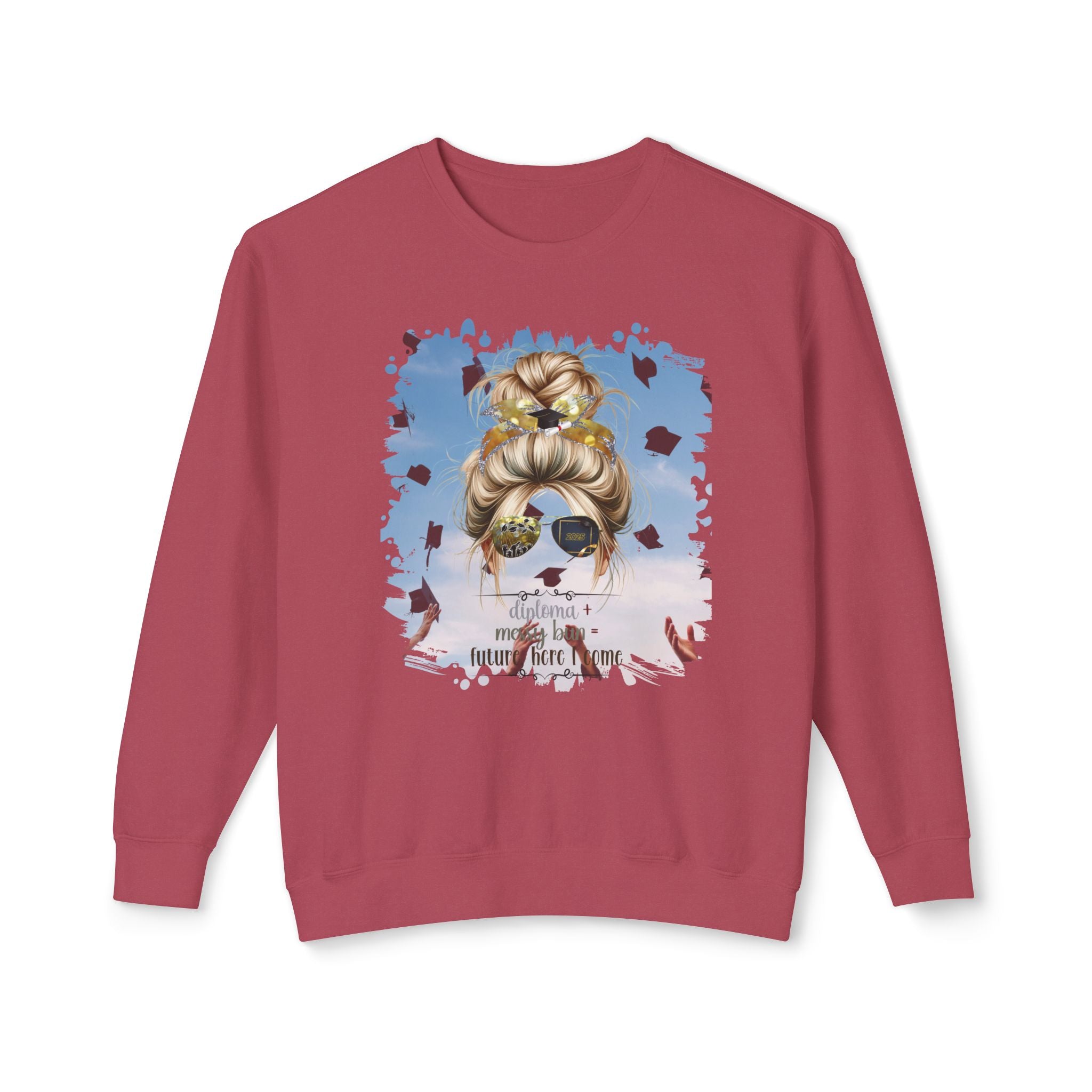 Diploma + Messy Bun, Celebration, Blond Hair Messy Bun, Unisex Lightweight Crewneck Sweatshirt